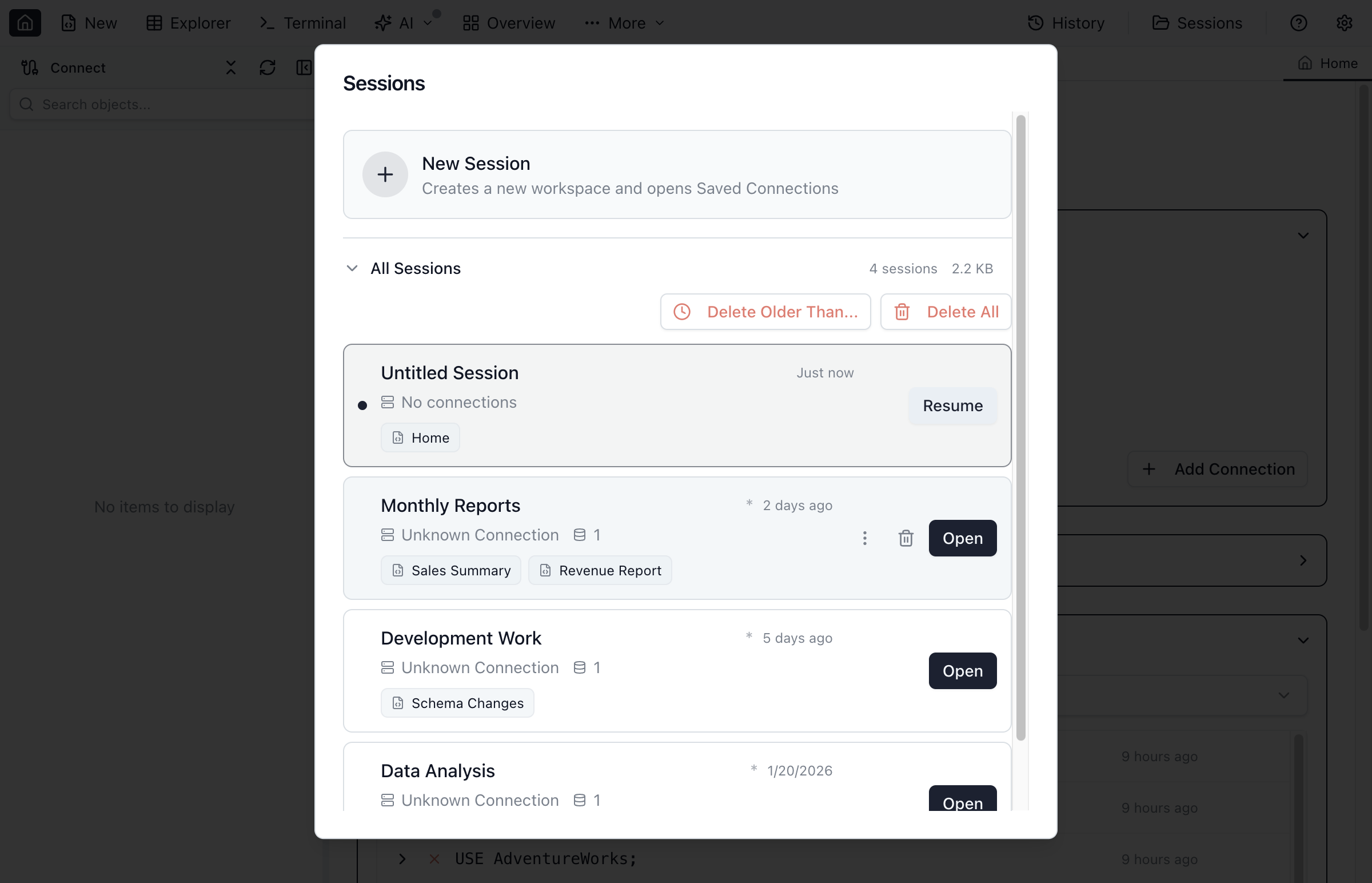 Sessions dialog showing All Sessions list with session cards.