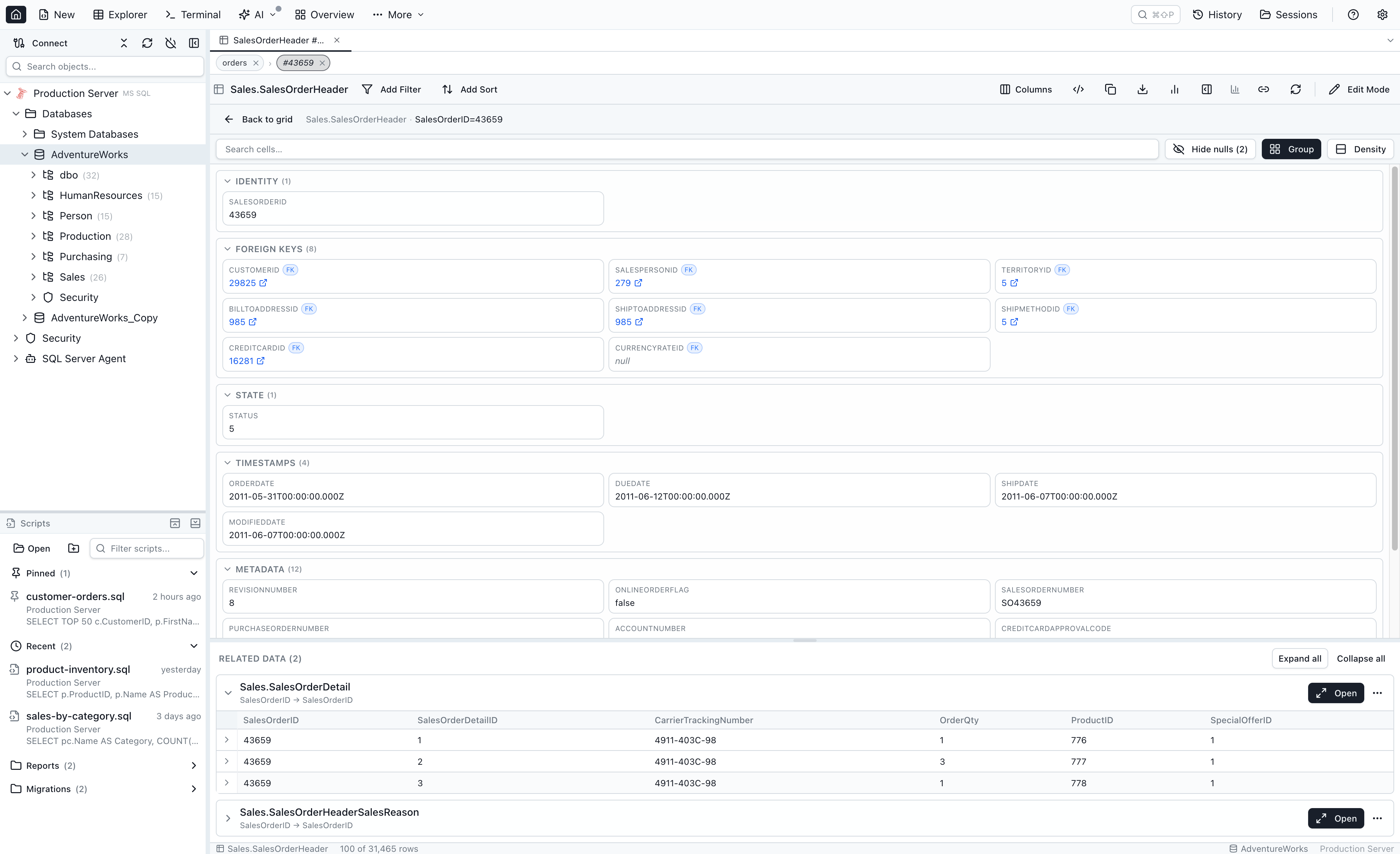 Single-Row Details View with the row-details panel on top showing categorized cells (Identity, Profile, Foreign keys, State, Timestamps) and three Related Data sections below, one expanded into a mini-grid