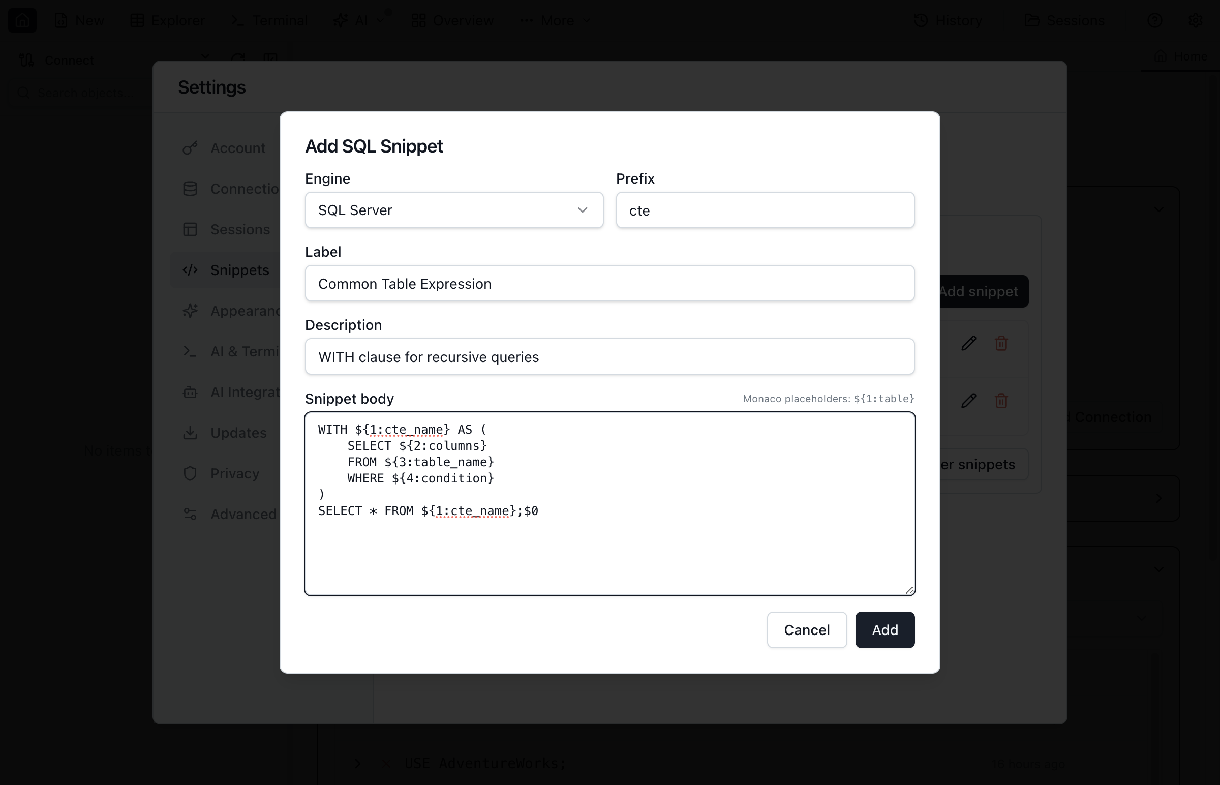 Snippets management in settings showing custom snippet editor.