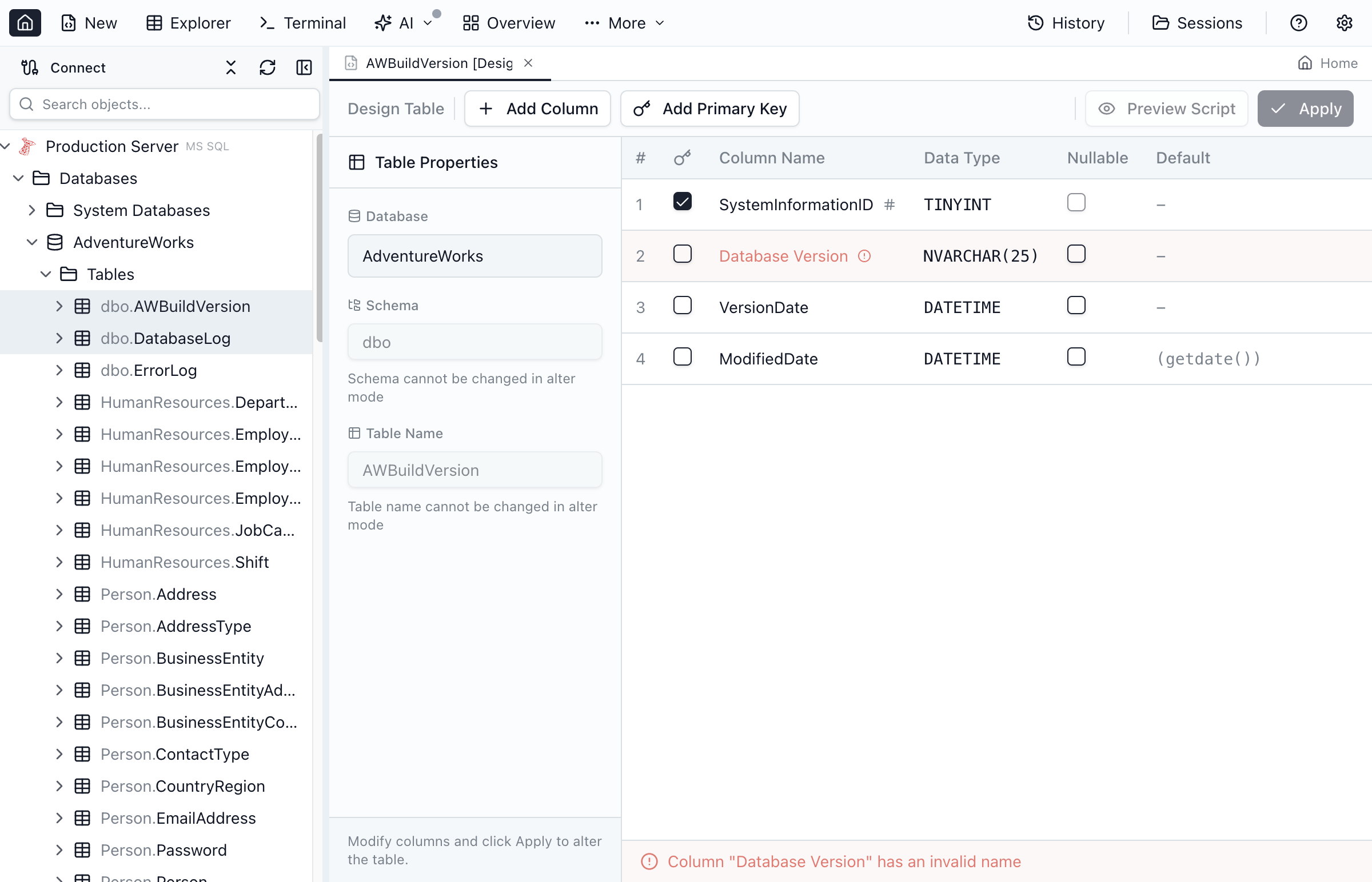 Table Designer in alter mode showing an existing table with modifications.