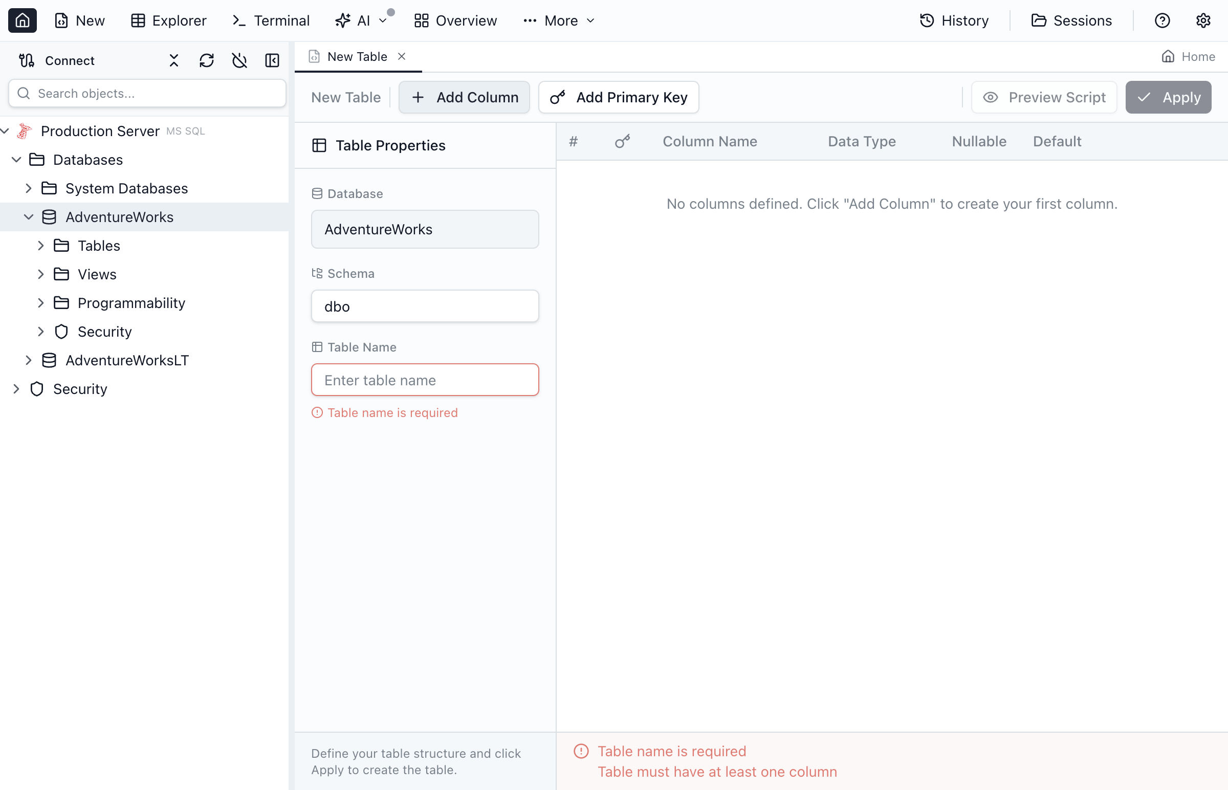 Column properties panel showing data type, nullable, and identity settings.