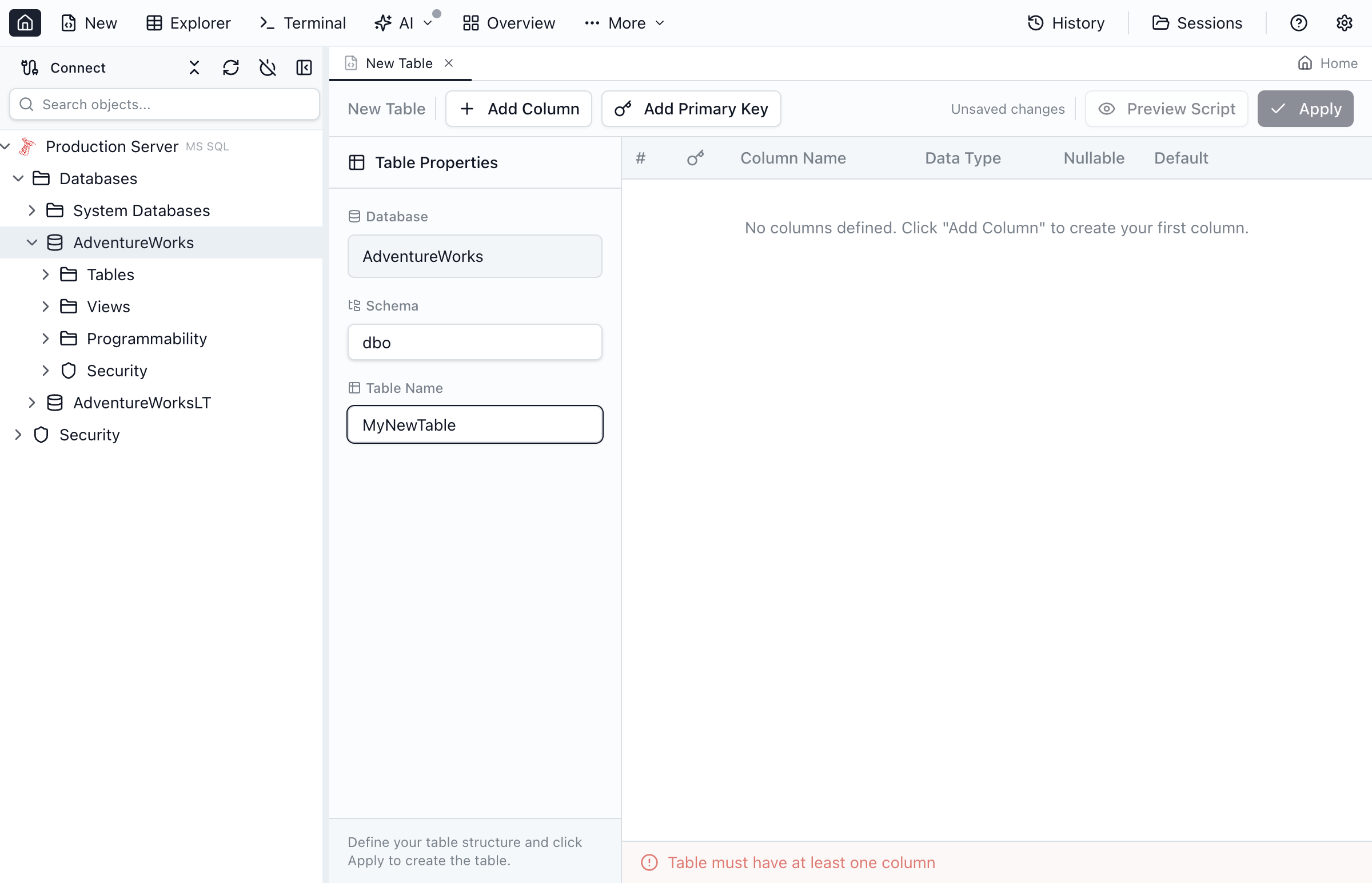 Table Designer showing a new table with columns being defined.
