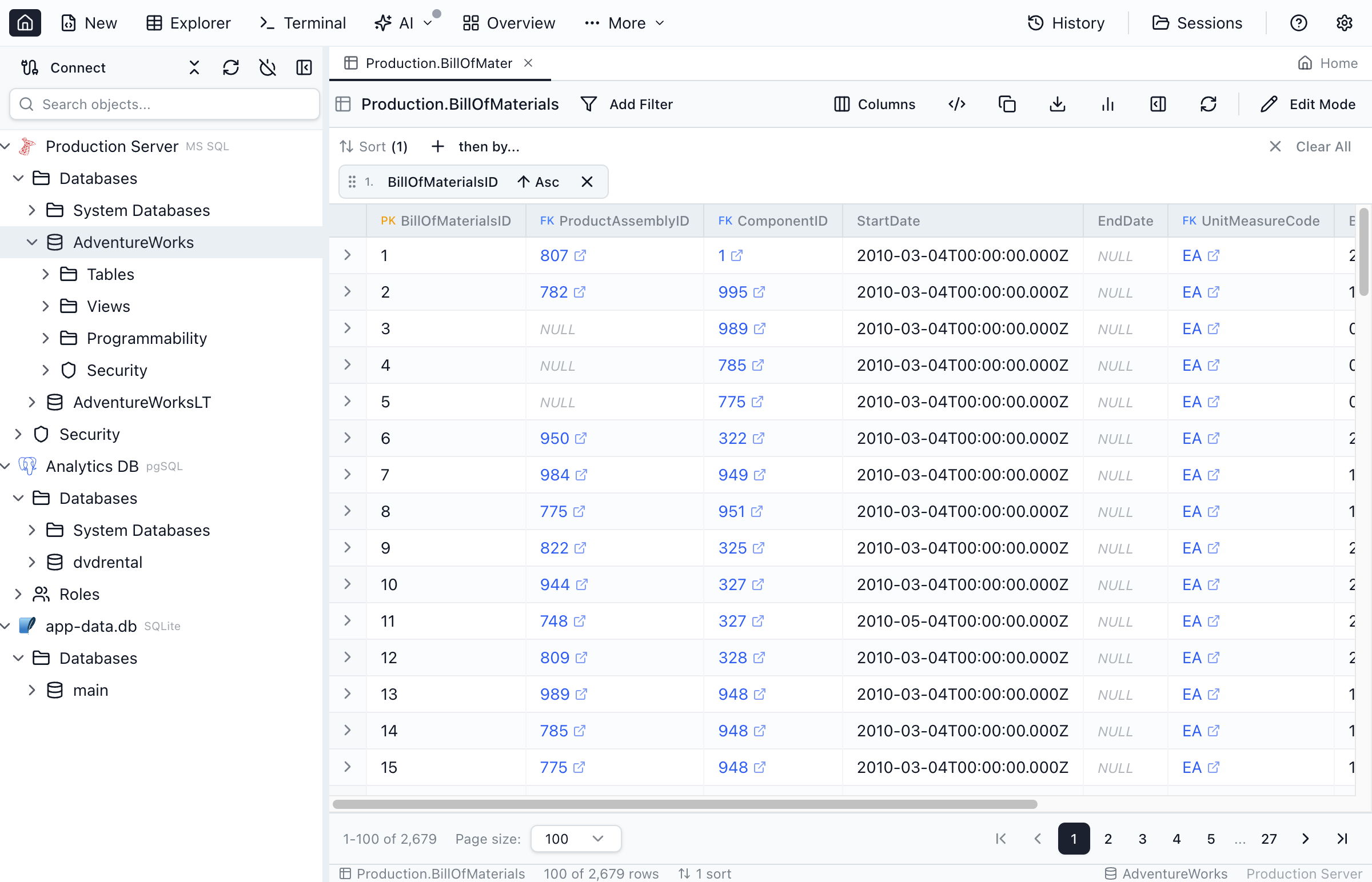 Table Explorer showing data with pagination controls and column headers.