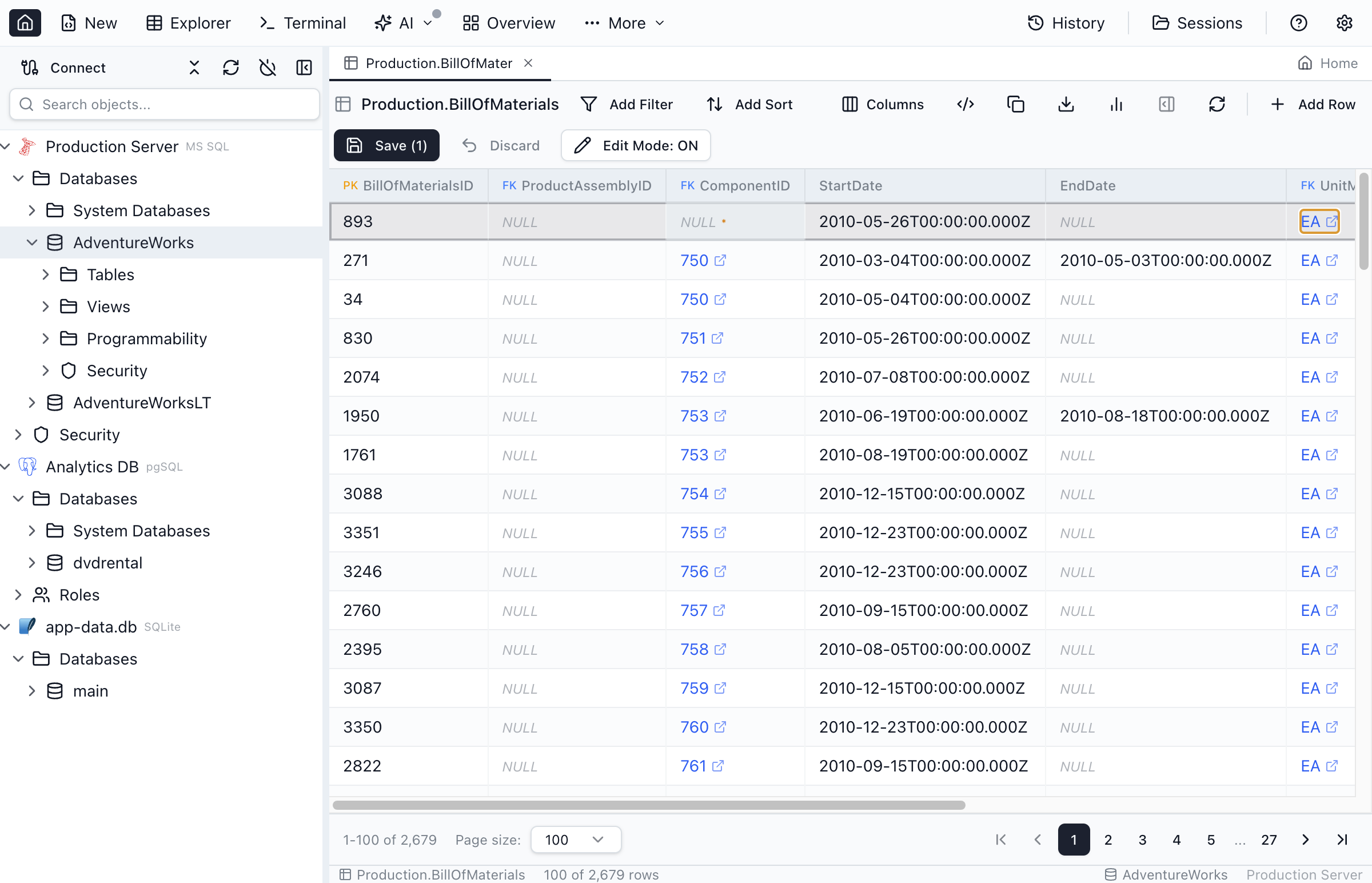 Edit mode with modified cells highlighted and pending changes indicator.