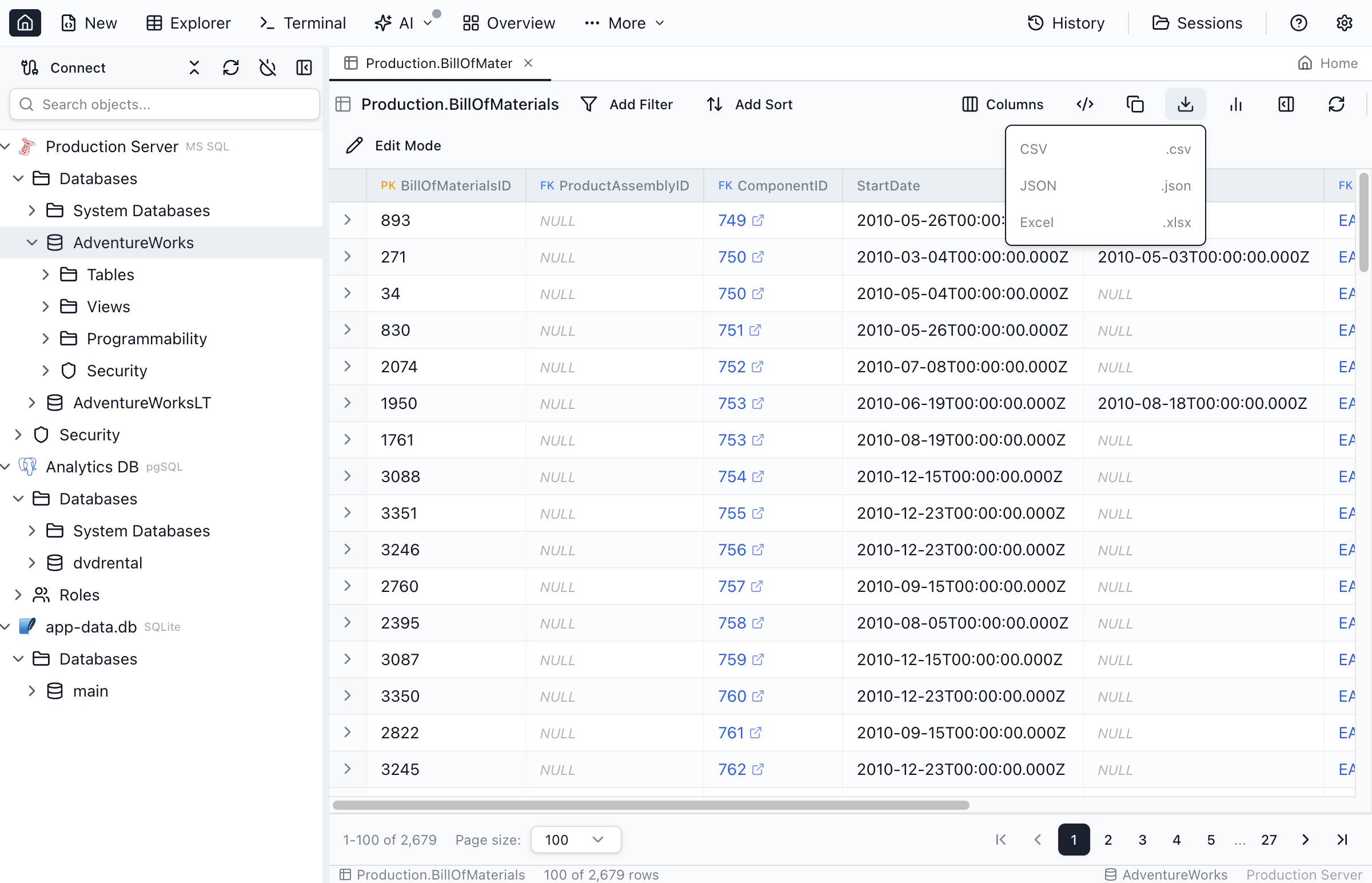 Export dropdown showing available formats.