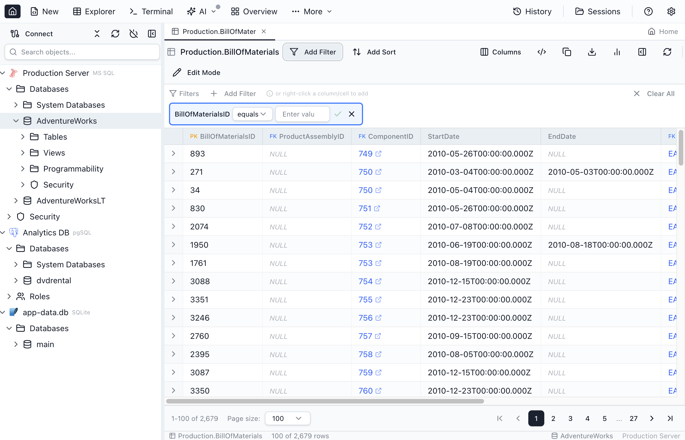 Filter panel with multiple conditions applied.