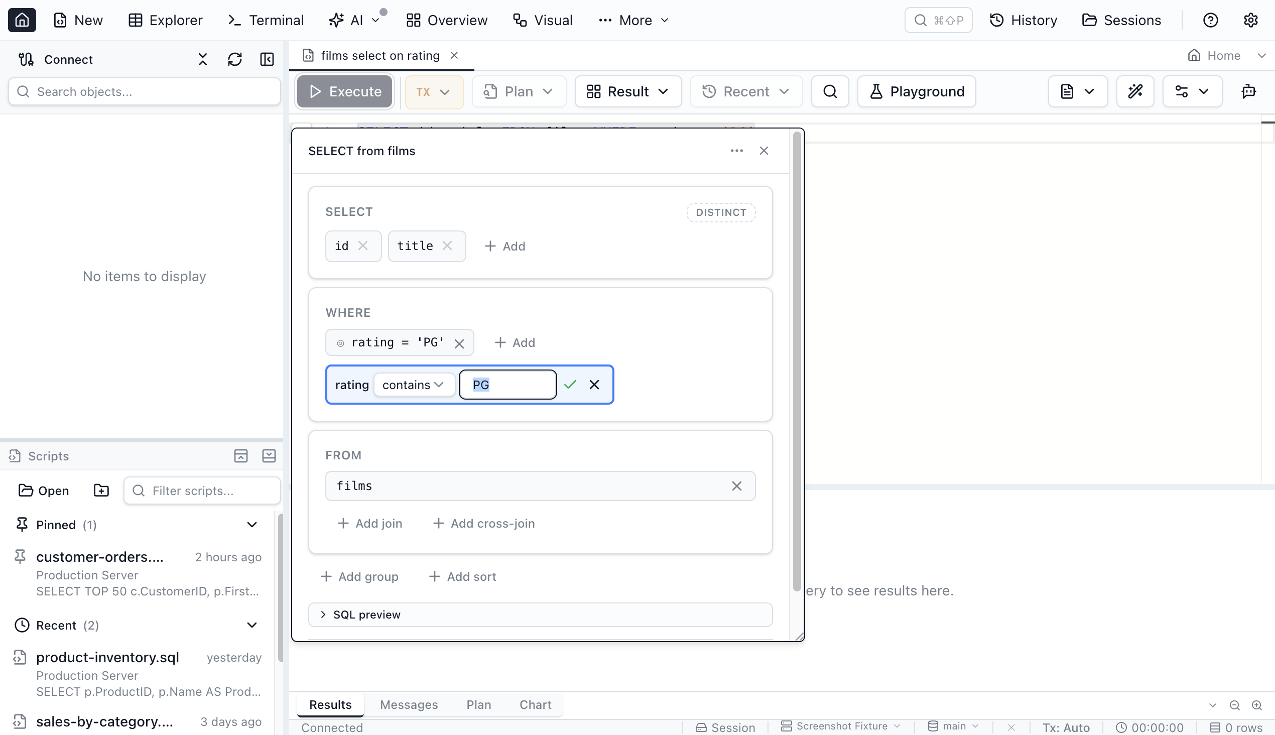 Compact Visual Query Editor popover with the add-filter form open, choosing a column, operator, and value.