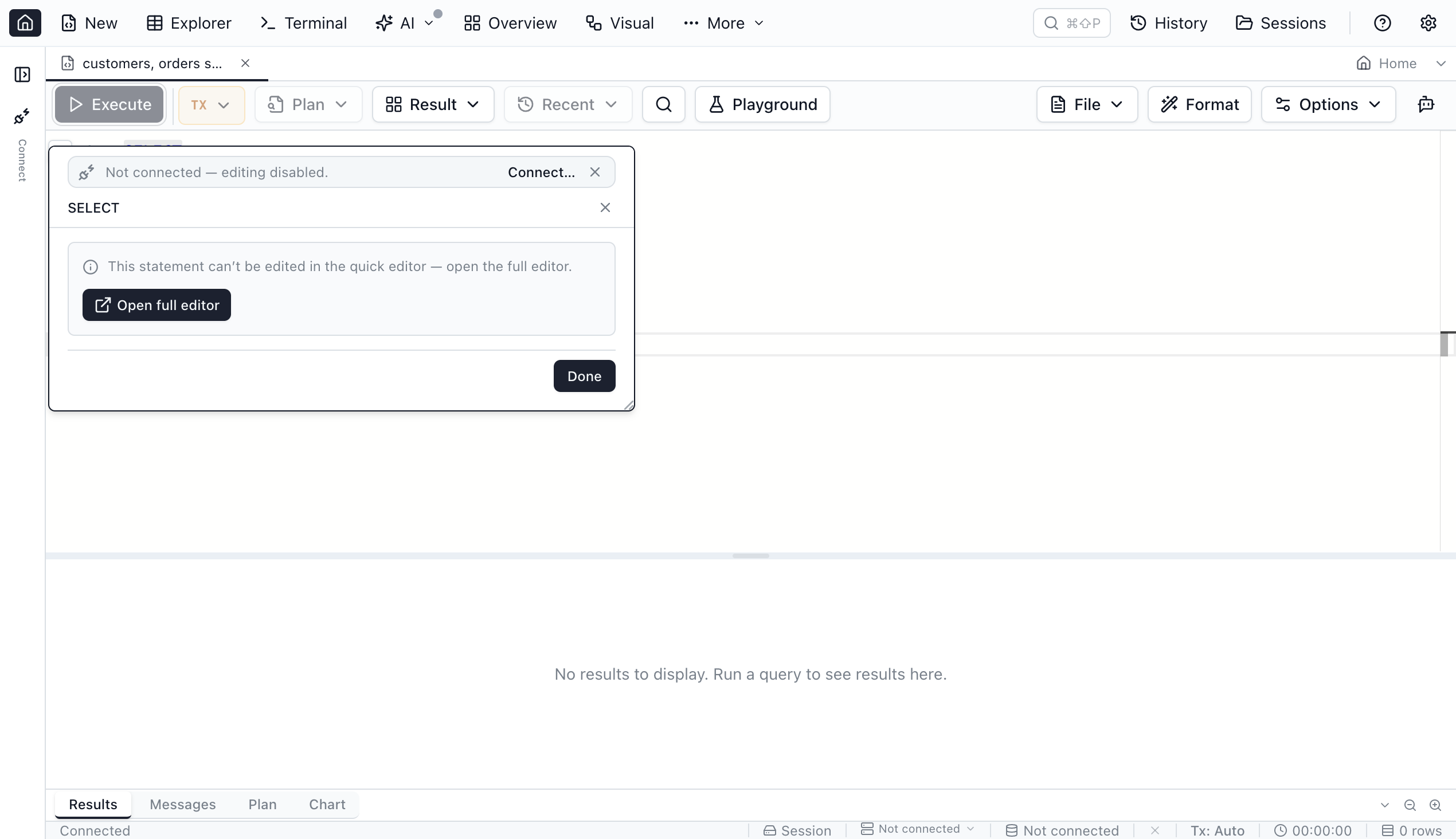 Gutter pencil edit affordance next to a SELECT statement, with the compact Visual Query Editor popover open.