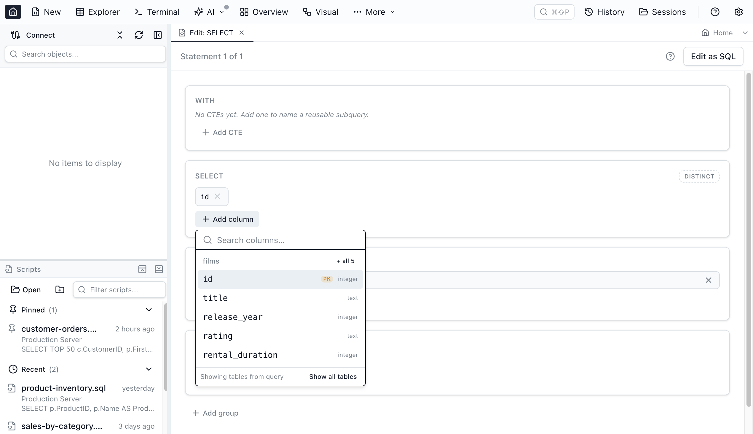 Visual Query Editor showing an enabled add-column popover over a SELECT statement, with a list of suggested columns from the FROM table.