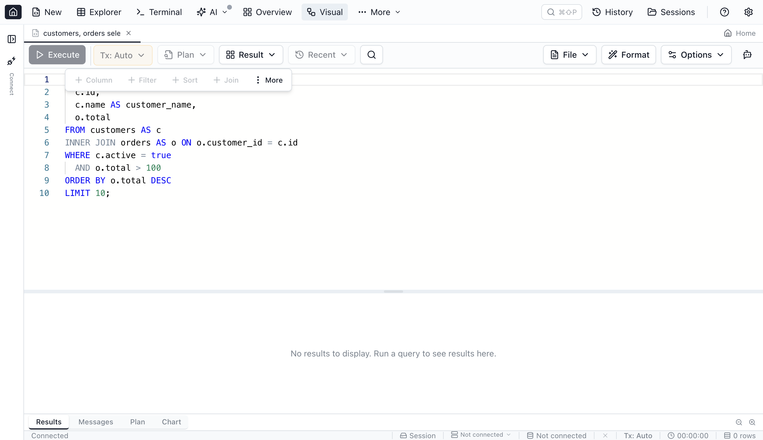 Main toolbar showing the Visual button between the standard query buttons and the More menu.
