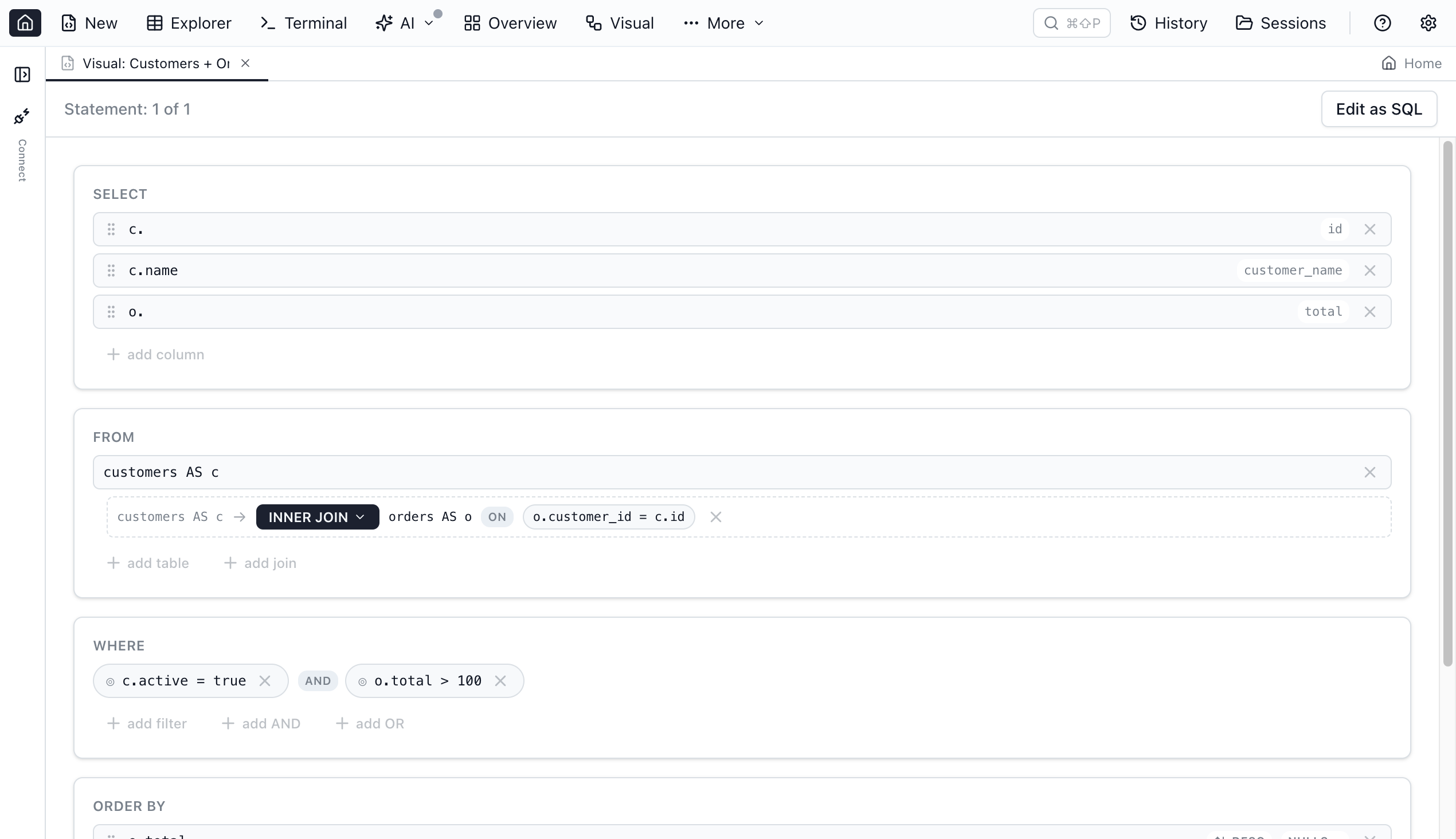 Visual Query Editor rendering a SELECT statement as a stack of clause cards.