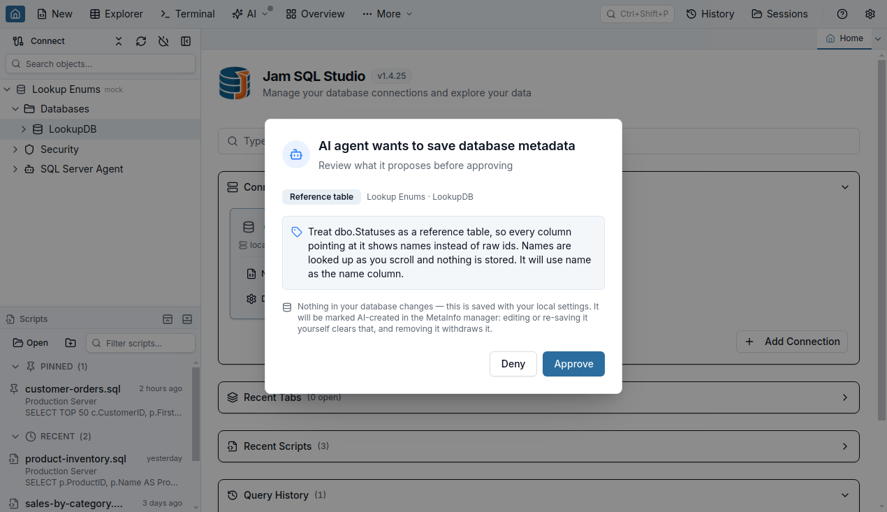 The approval dialog for an AI agent's proposed reference-table declaration, stating in plain words what will be saved and that it will be marked AI-created