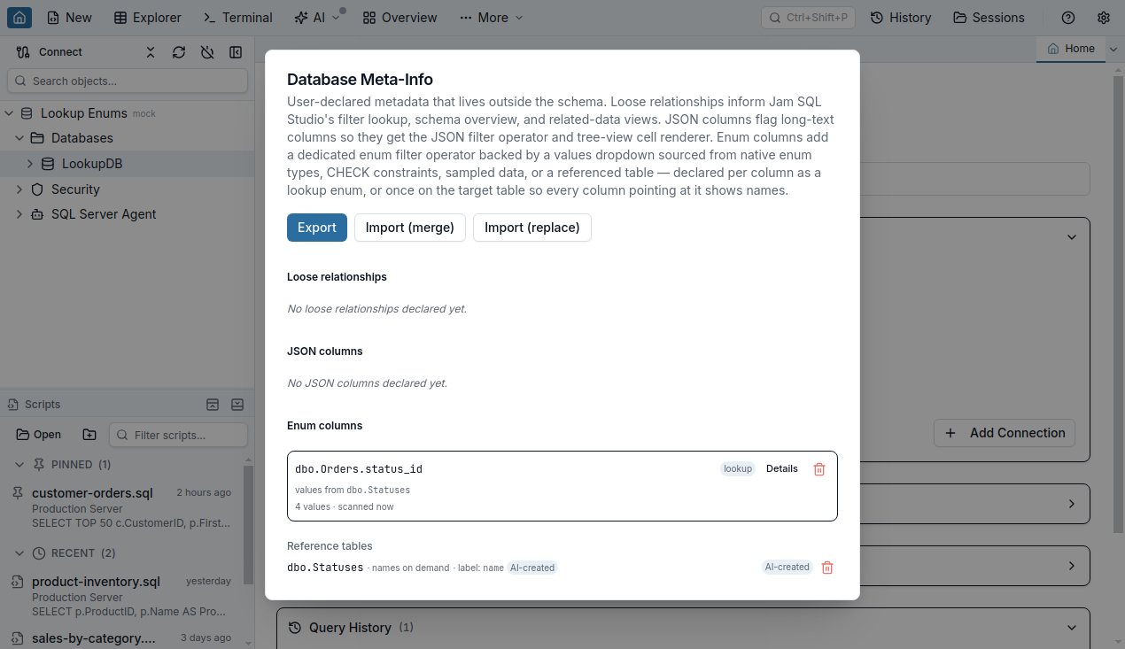 The MetaInfo manager showing an agent-declared reference table with an AI-created badge next to a user-authored enum declaration that carries no badge