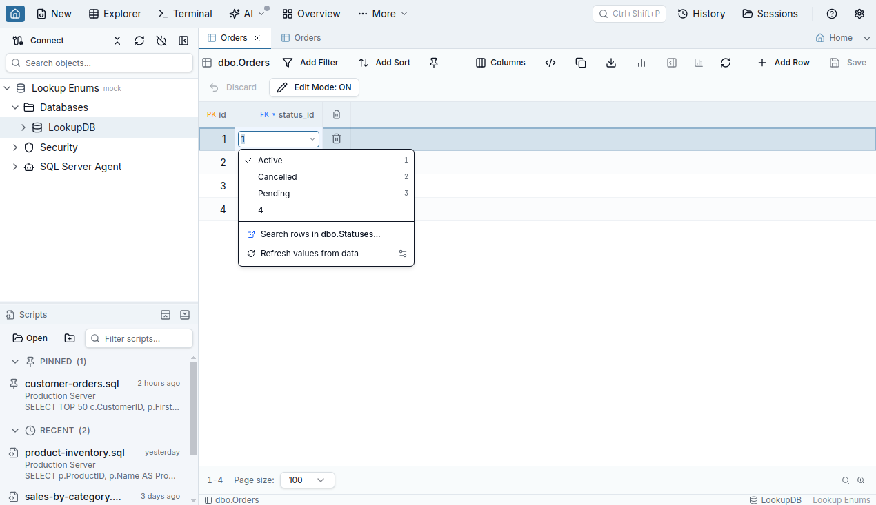 The cell editor open on a lookup enum column listing names with muted keys and a Search rows in dbo.Statuses footer row