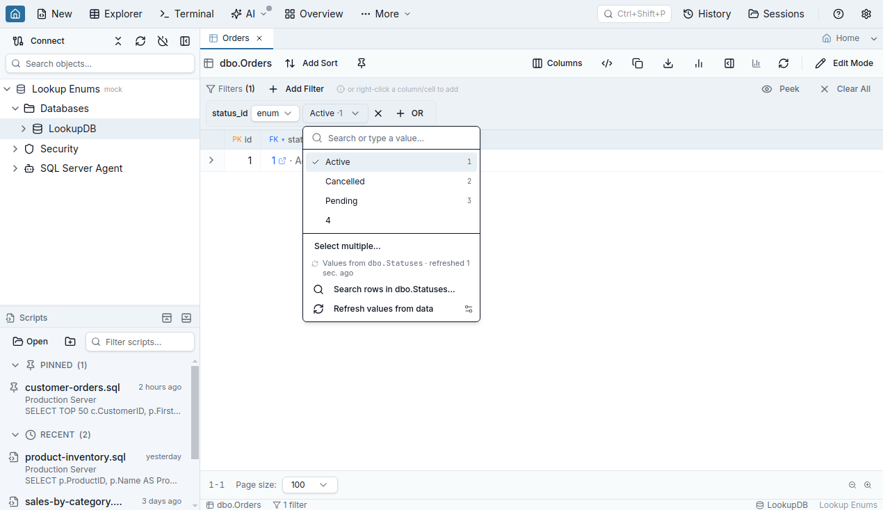 The enum filter picker open on status_id with name-first rows, the raw key muted at the edge, a footer naming the source table and last refresh, and a Search rows escape