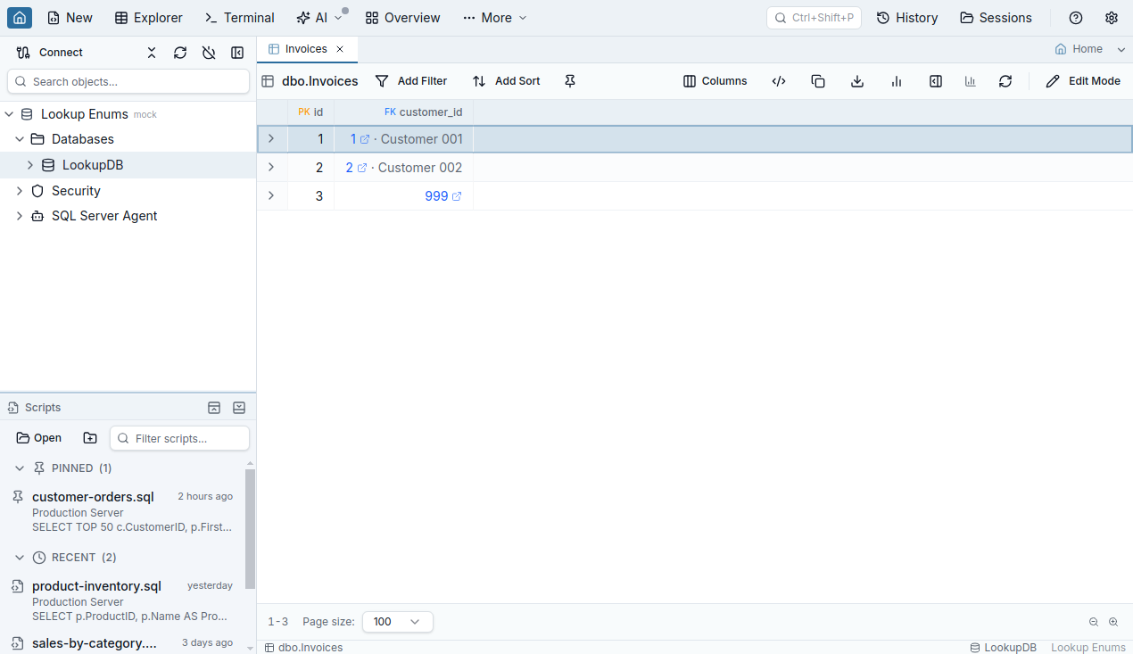An invoices grid where customer_id keys show names resolved on demand, with a key that has no matching customer row left bare and no enum glyph on the column header