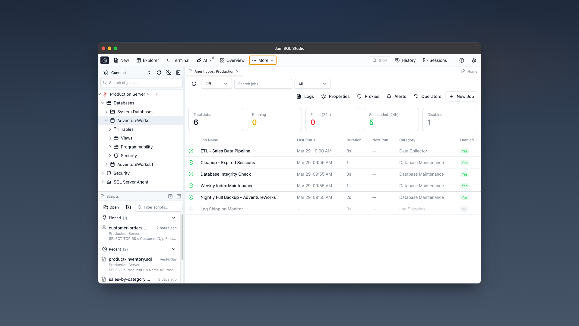 Agent Jobs Manager dashboard showing SQL Server Agent jobs with status cards, job grid, and real-time monitoring on macOS
