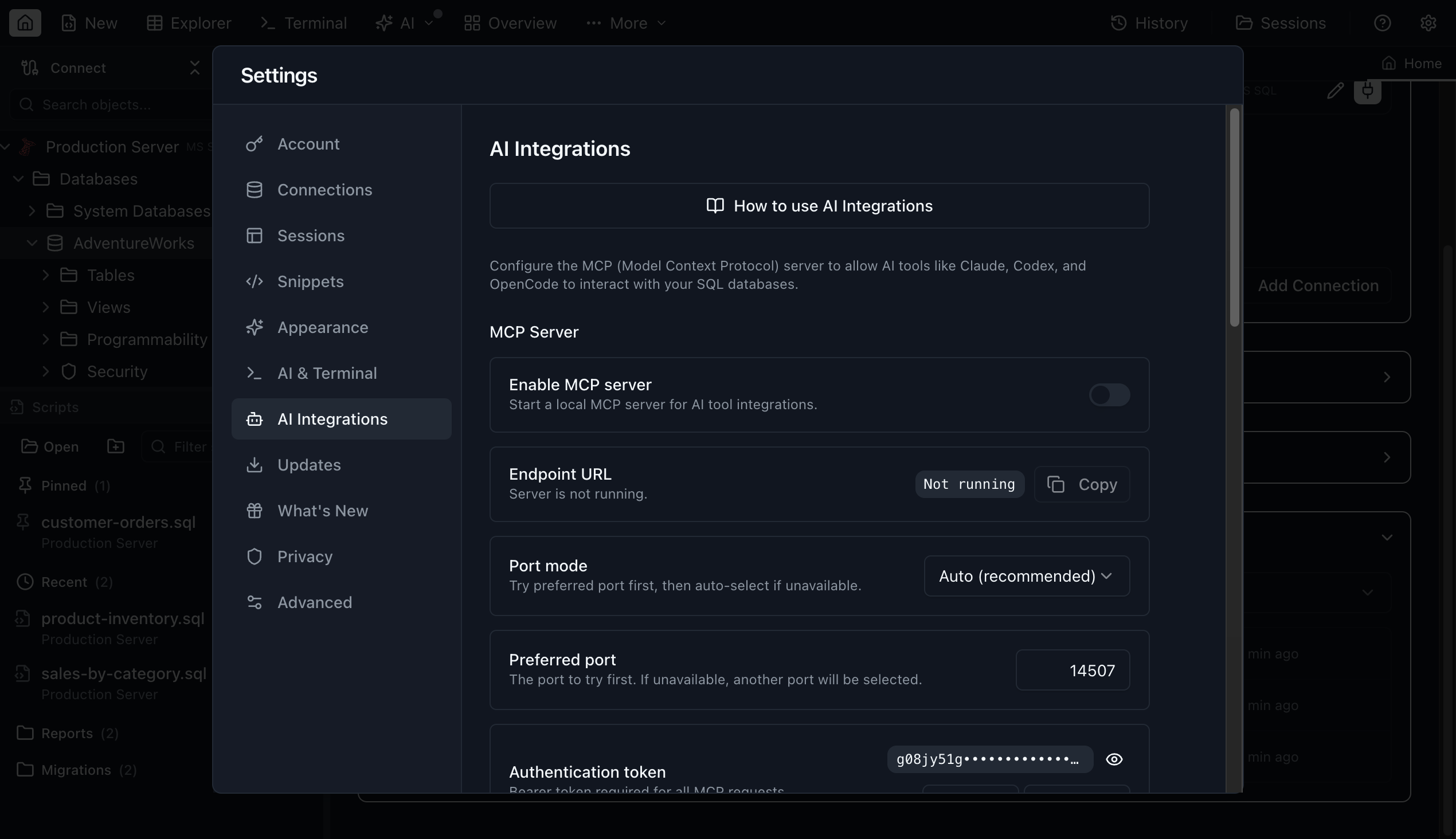 AI Integrations - Jam SQL Studio (dark mode)