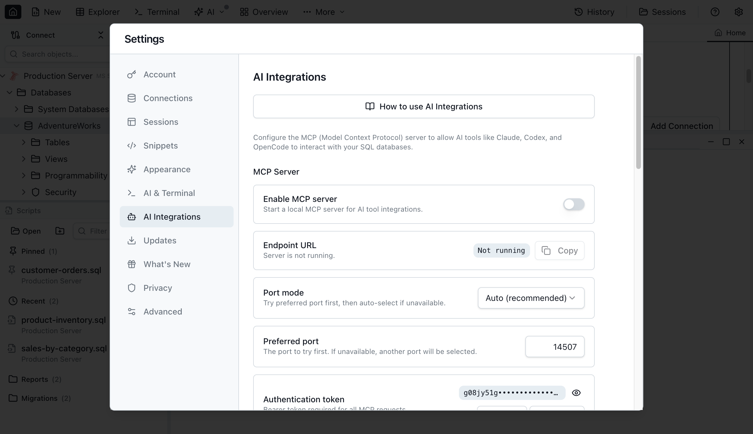 Jam SQL Studio AI Integrations settings showing the local MCP server configuration