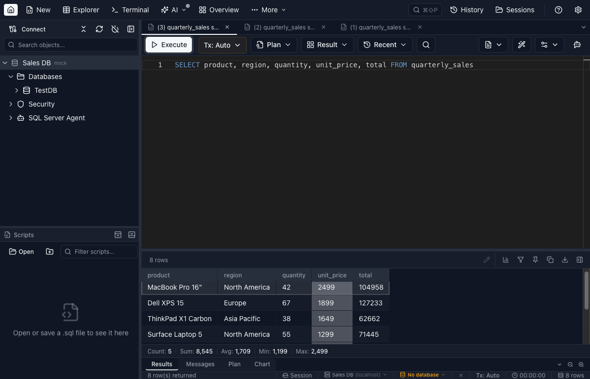 Cell Selection Aggregates - Jam SQL Studio (dark mode)