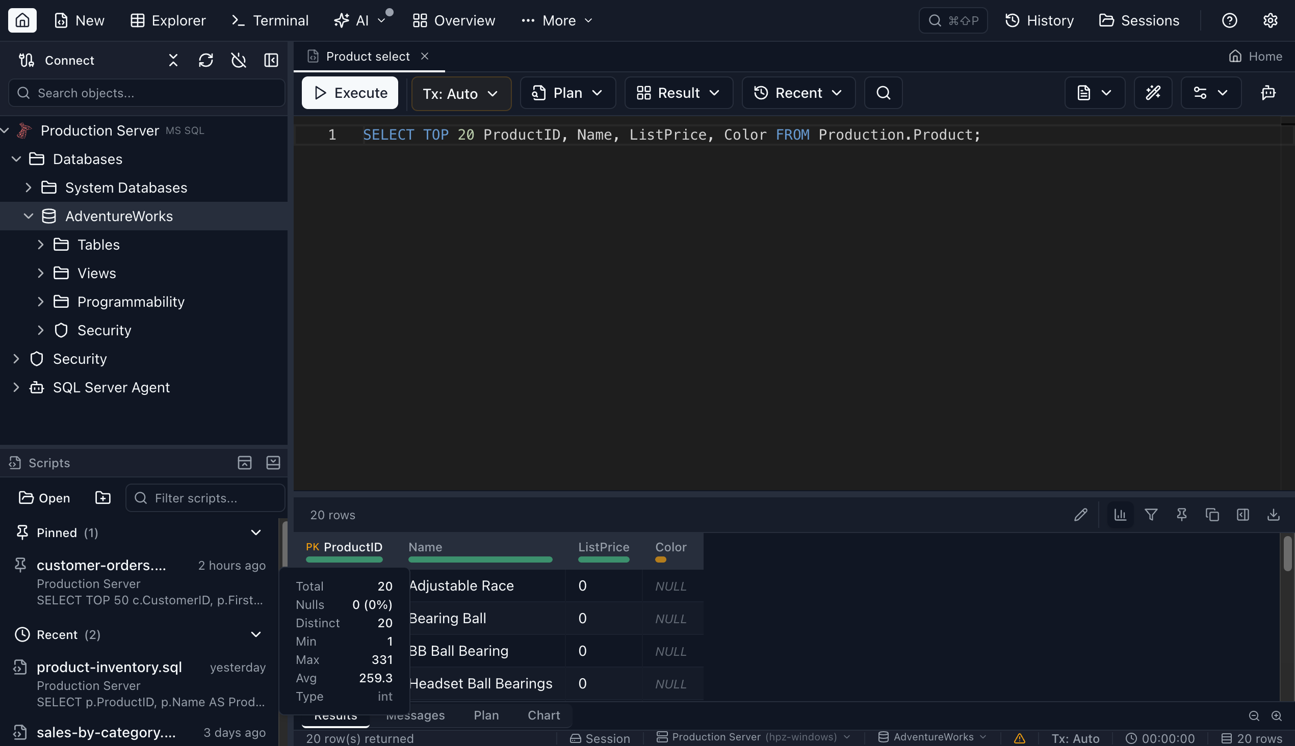 Column Profiling - Jam SQL Studio (dark mode)