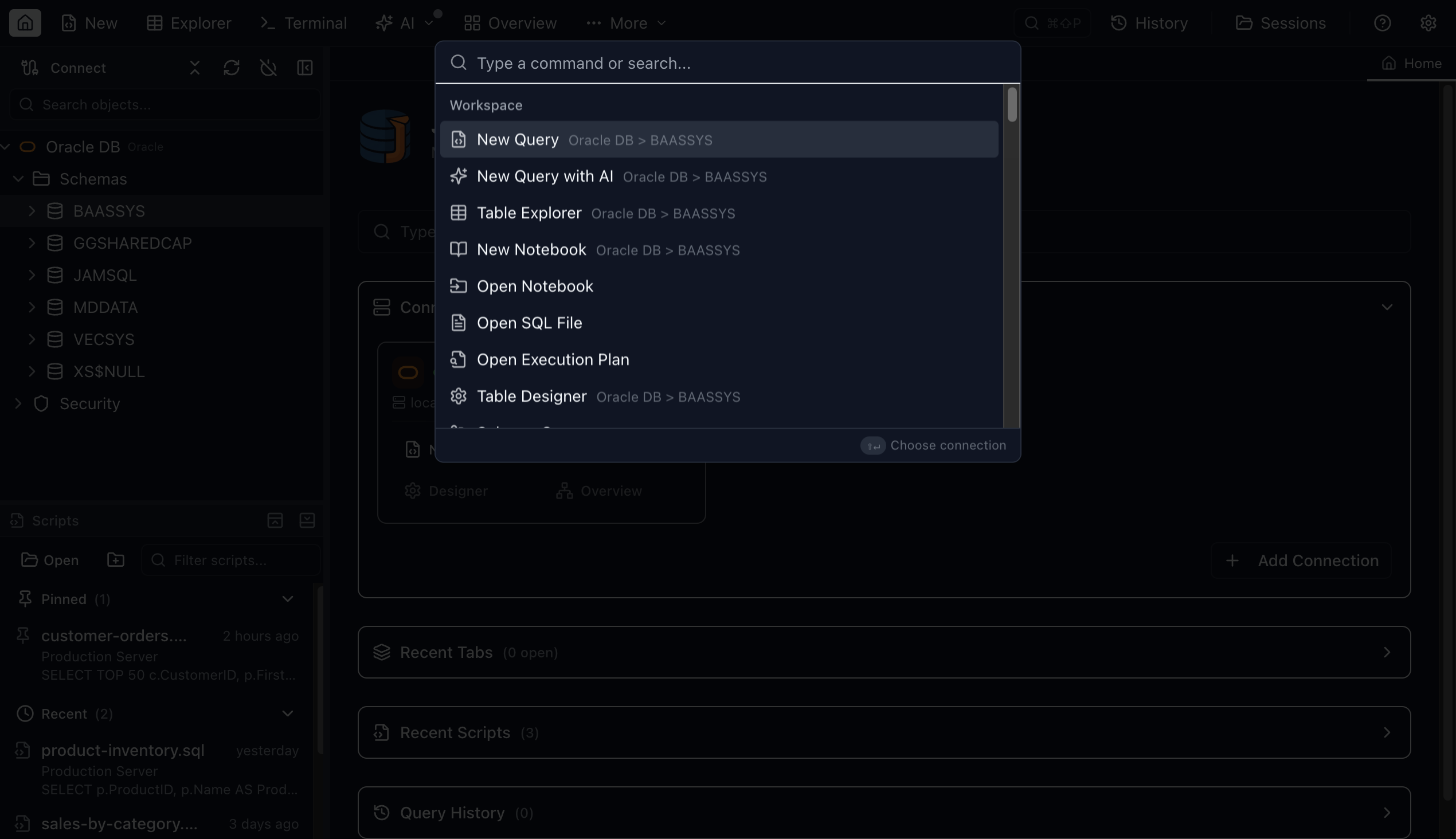 Command Palette - Jam SQL Studio (dark mode)