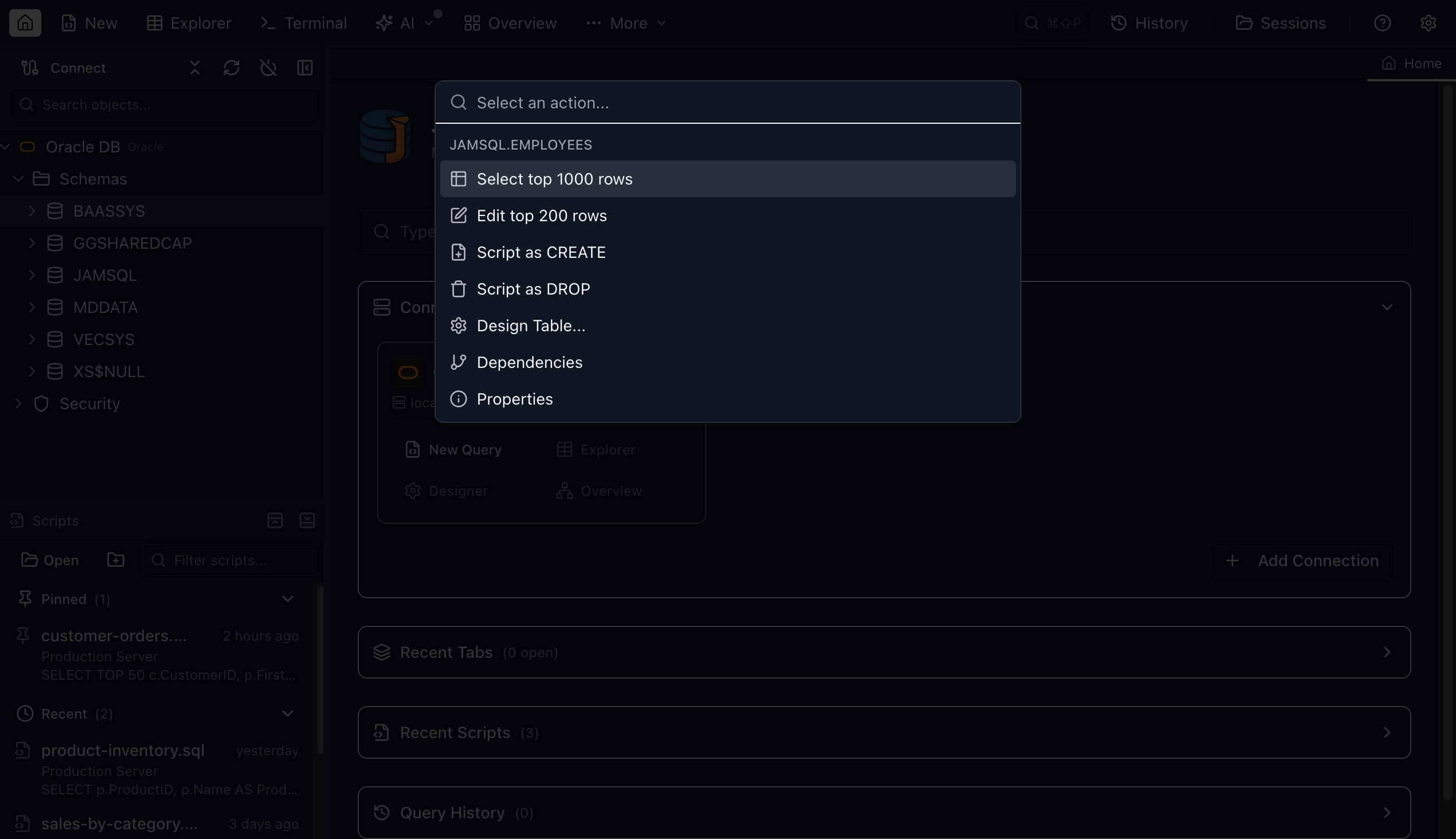 Command Palette — Object Drill-Down - Jam SQL Studio (dark mode)
