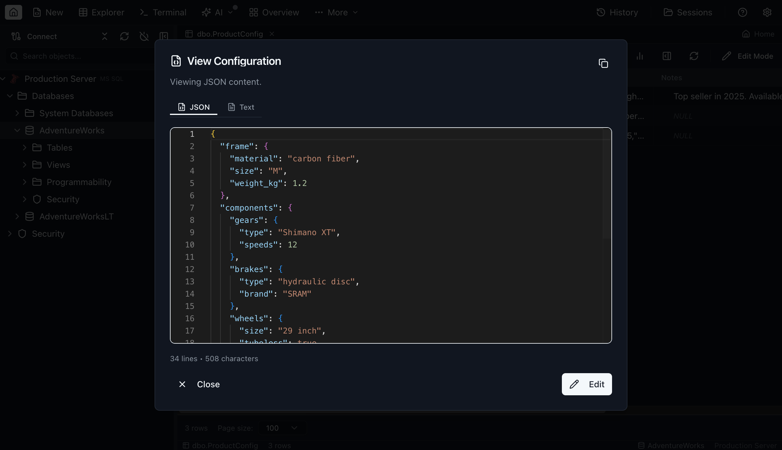 JSON & Text Viewer - Jam SQL Studio (dark mode)