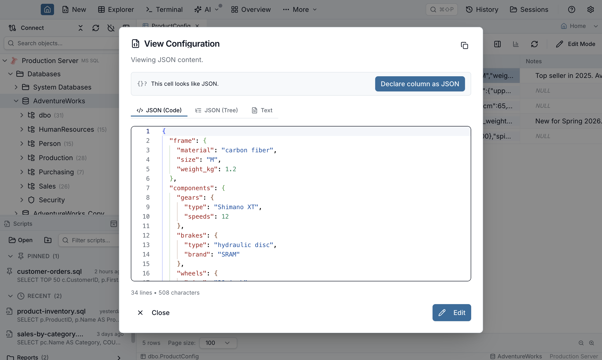 Jam SQL Studio expanded JSON value shown as a tree