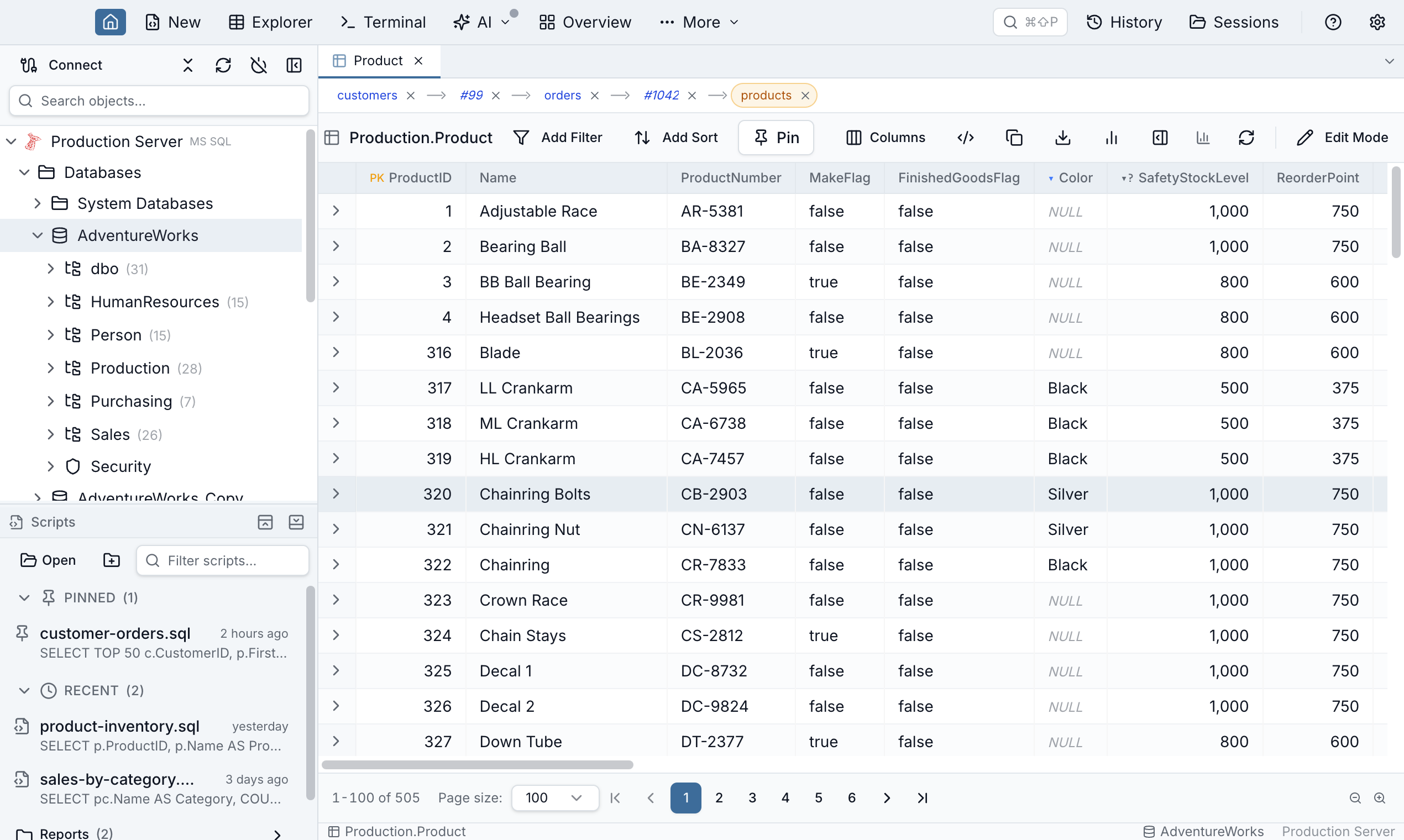 Jam SQL Studio Table Explorer breadcrumb trail showing foreign key navigation history