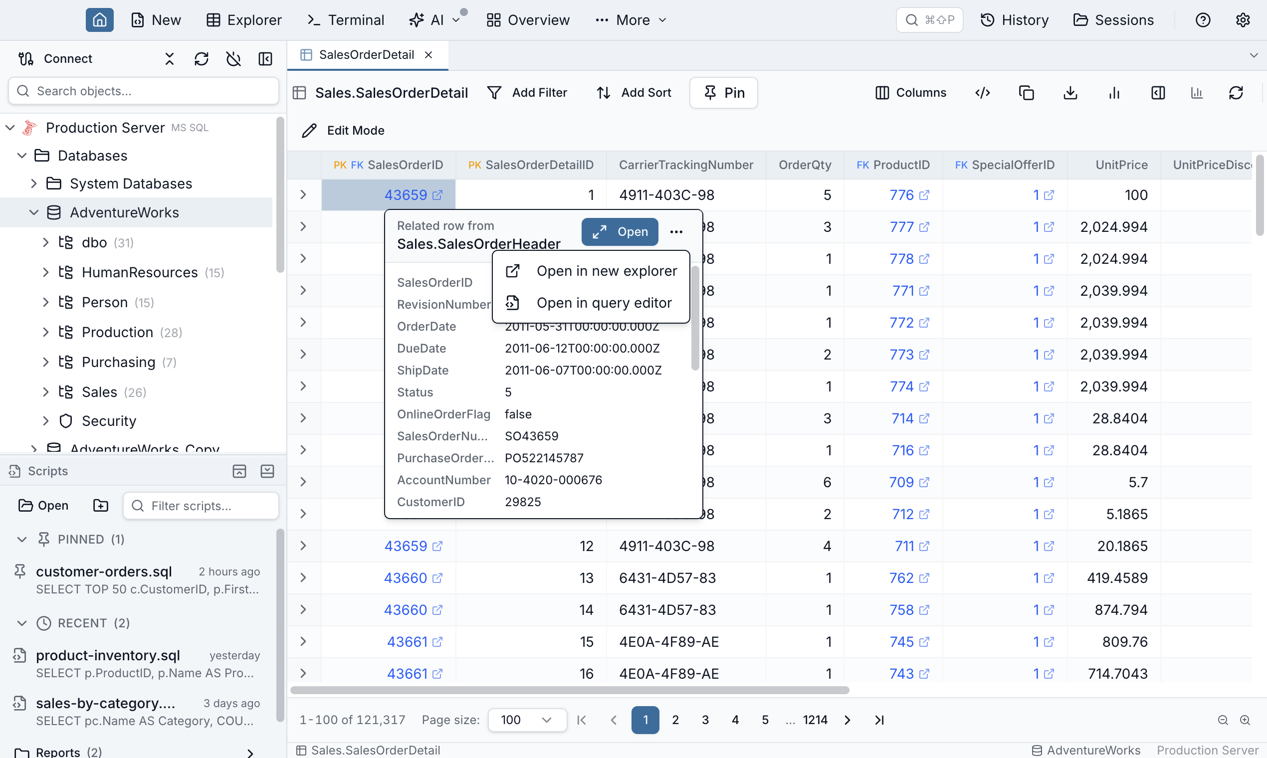 Jam SQL Studio query results grid showing a foreign key value's navigation menu