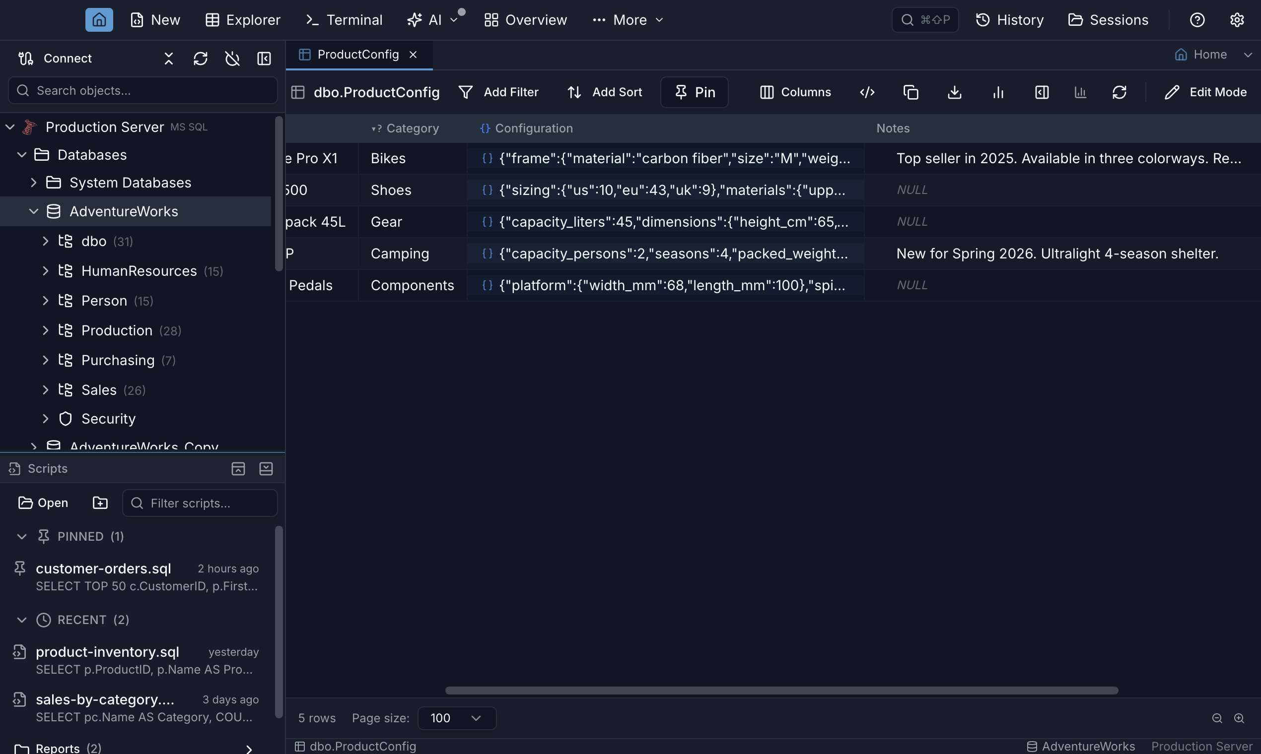Jam SQL Studio results grid rendering a JSON column from a relational table