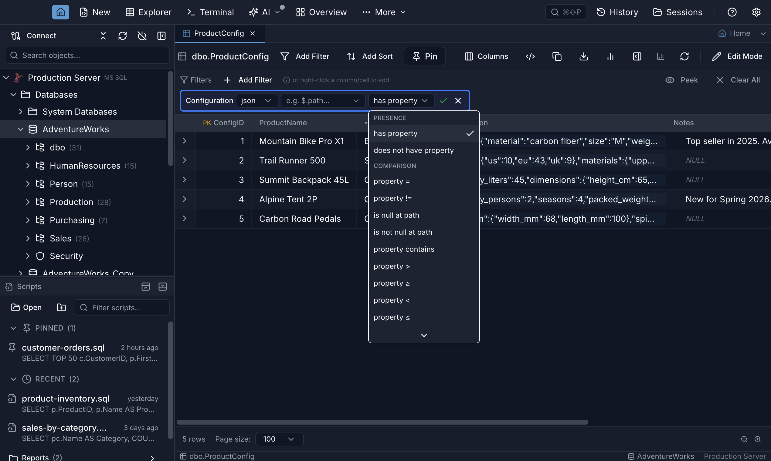 Jam SQL Studio JSON filter chip showing sub-operators for a JSON path