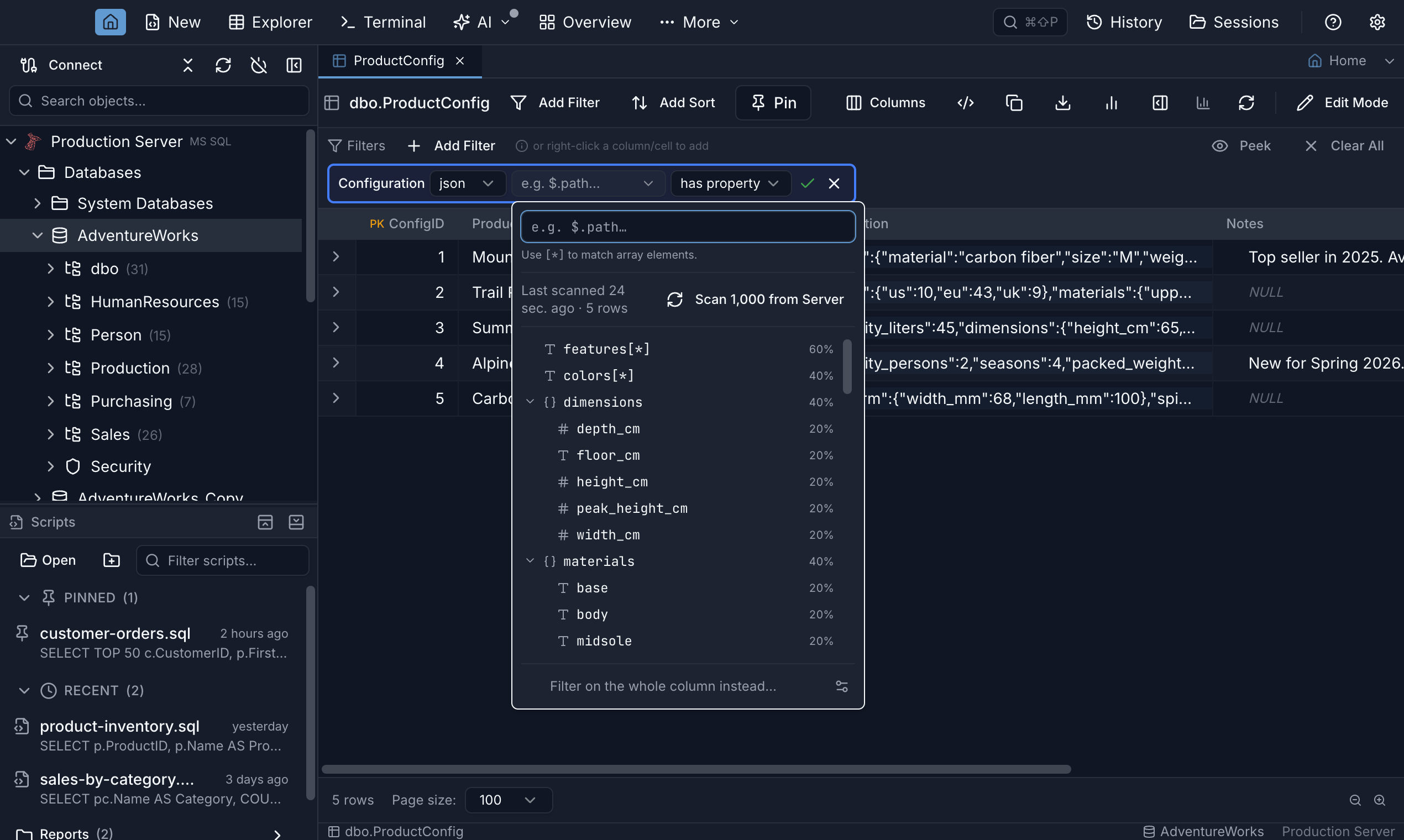 Jam SQL Studio JSON peek popover listing observed JSON property paths sorted by prevalence