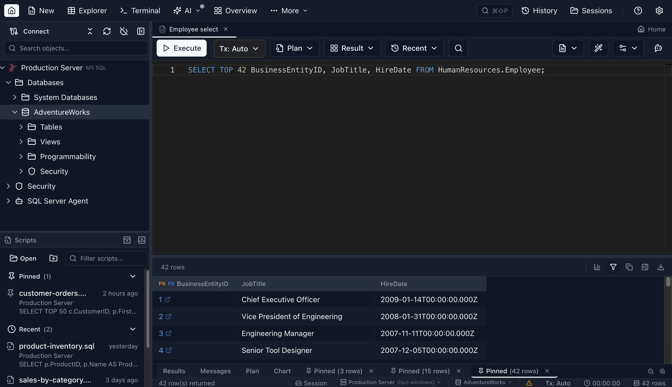 Pin Results - Jam SQL Studio (dark mode)