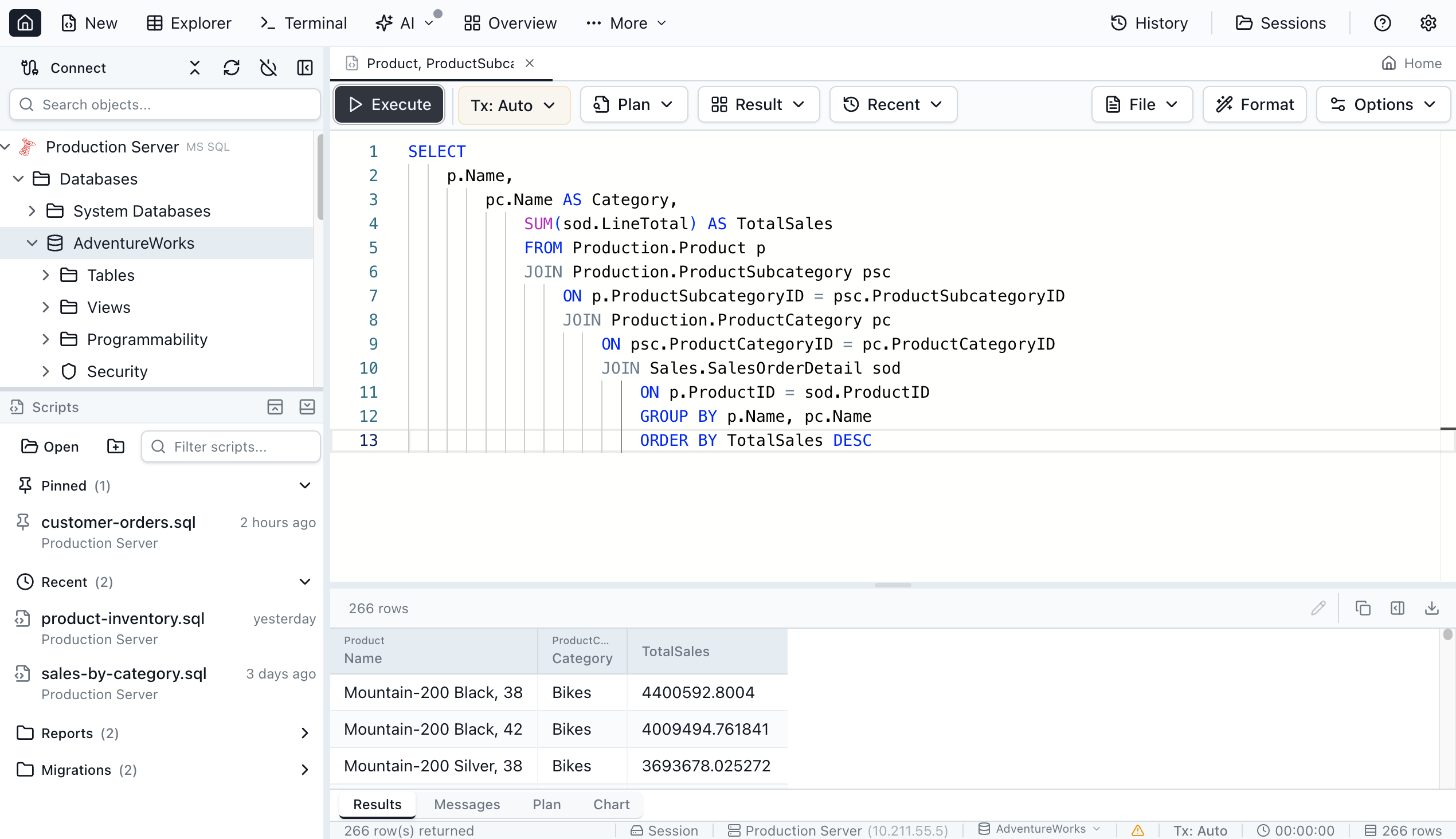 Jam SQL Studio query editor running on macOS connected to SQL Server
