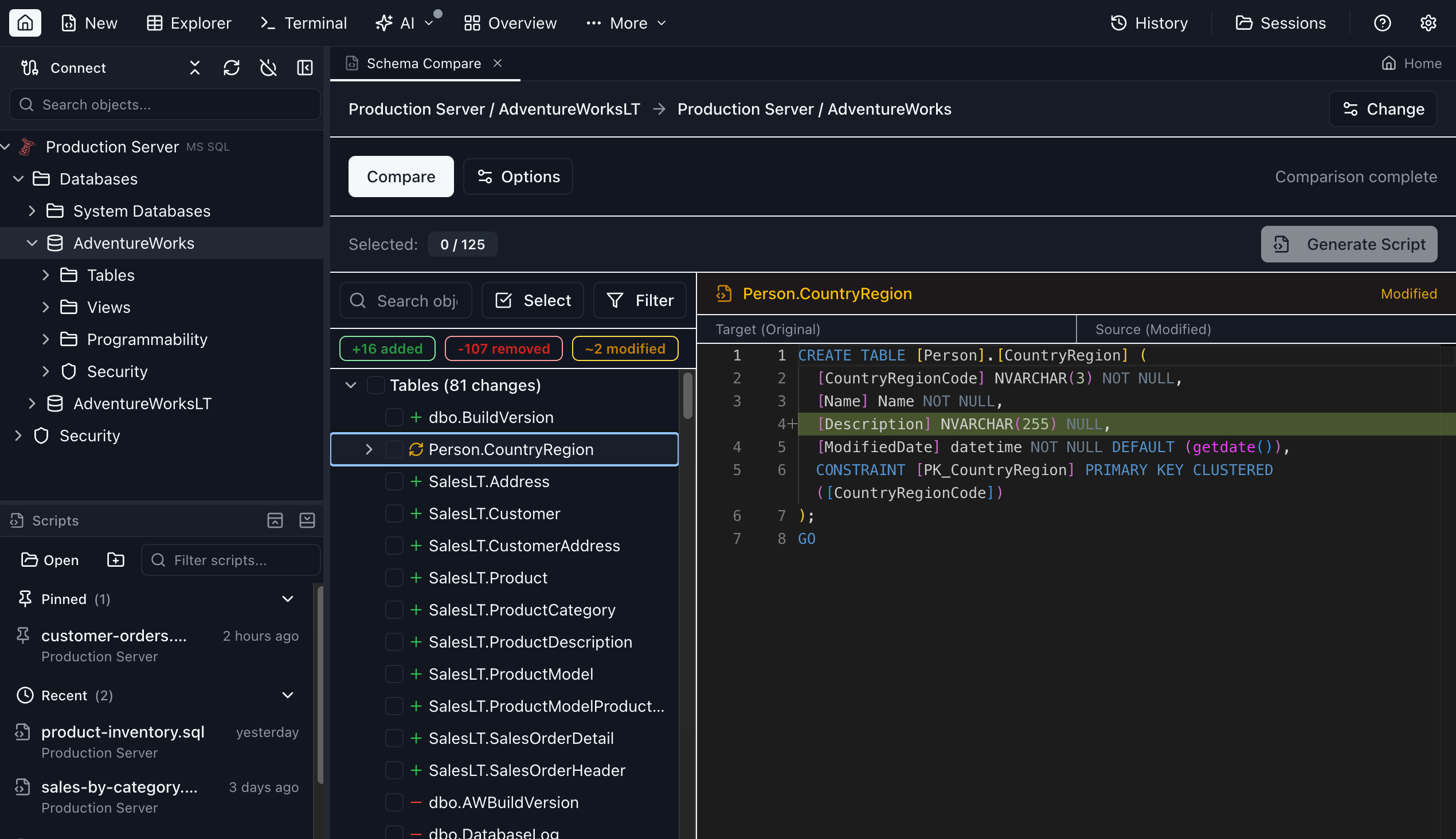 Schema Compare - Jam SQL Studio (dark mode)