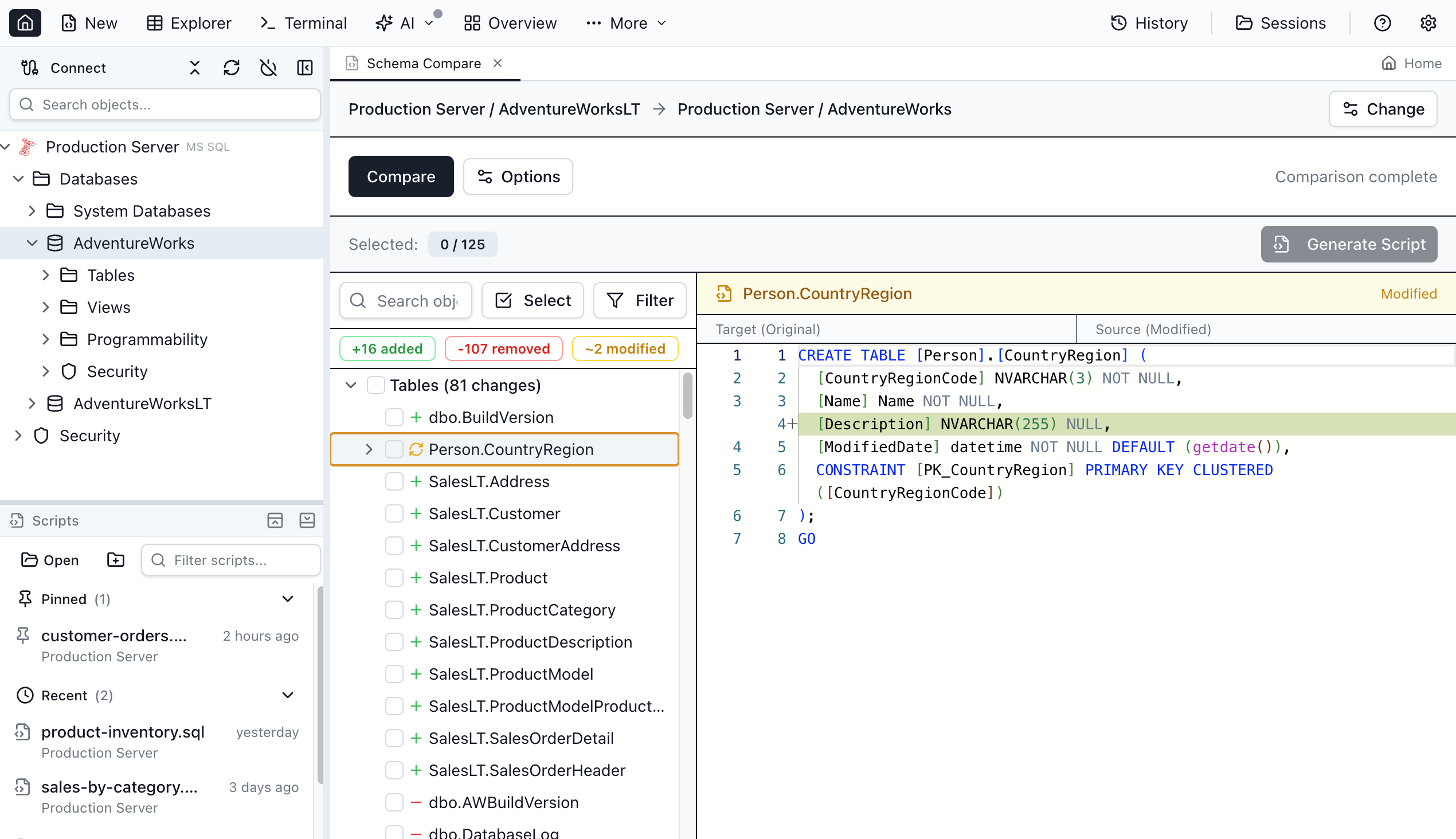 Jam SQL Studio Schema Compare showing column-level differences between two databases