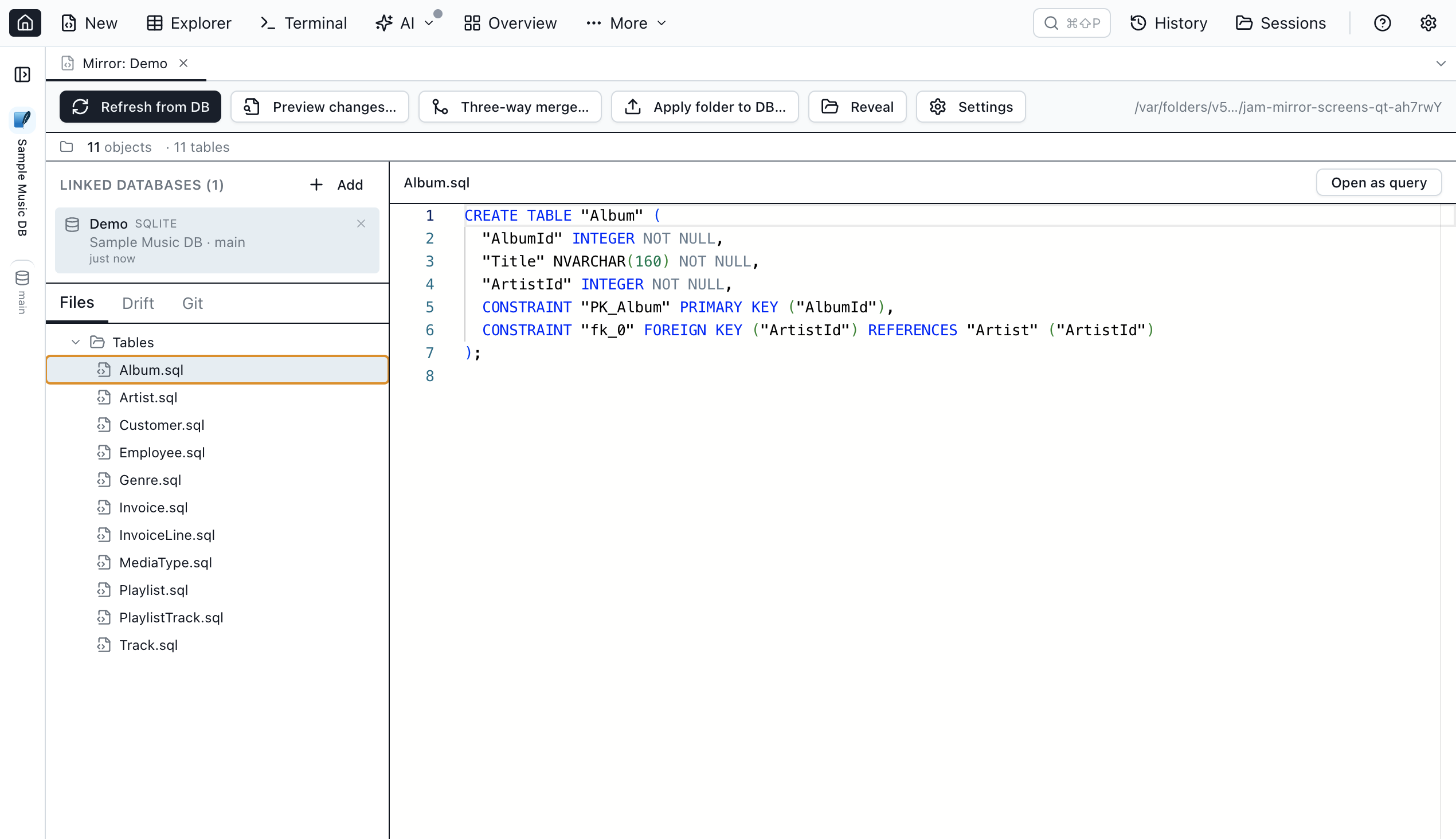 Jam SQL Studio Database Blueprint showing a folder of SQL files synced with a database