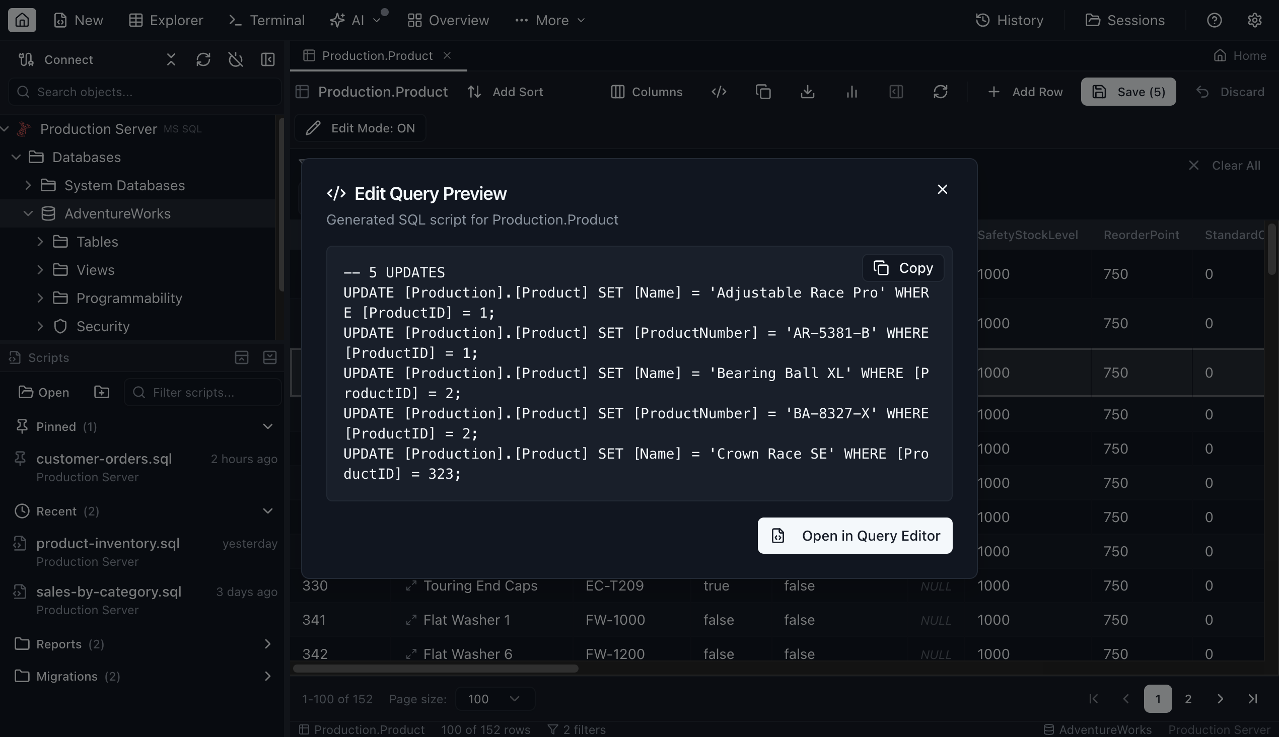 Edit Script Preview - Jam SQL Studio (dark mode)