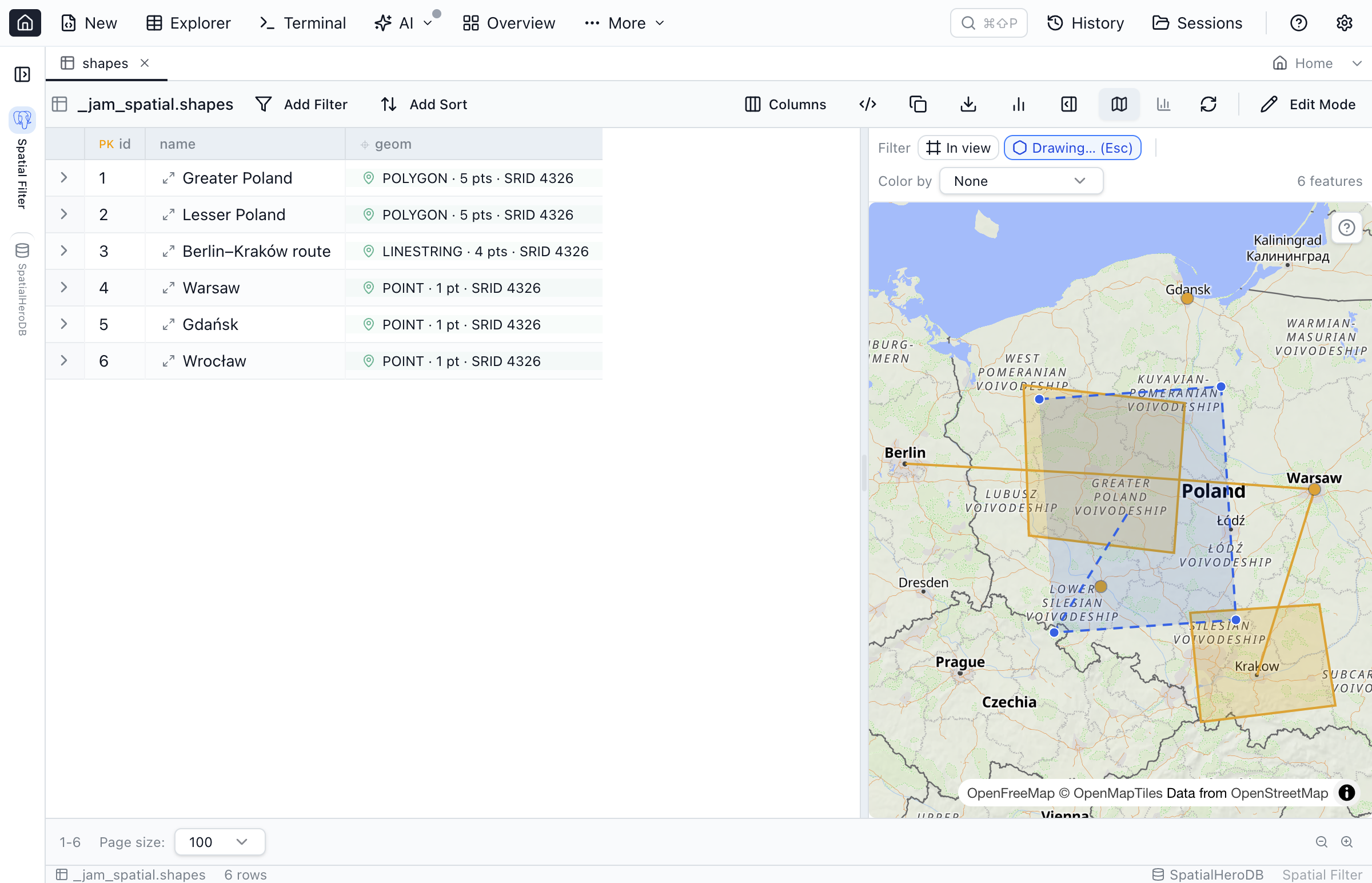The Table Explorer map pane in Jam SQL Studio mid-draw: a blue polygon being traced over an OpenFreeMap basemap to filter rows whose geometry falls inside the drawn area