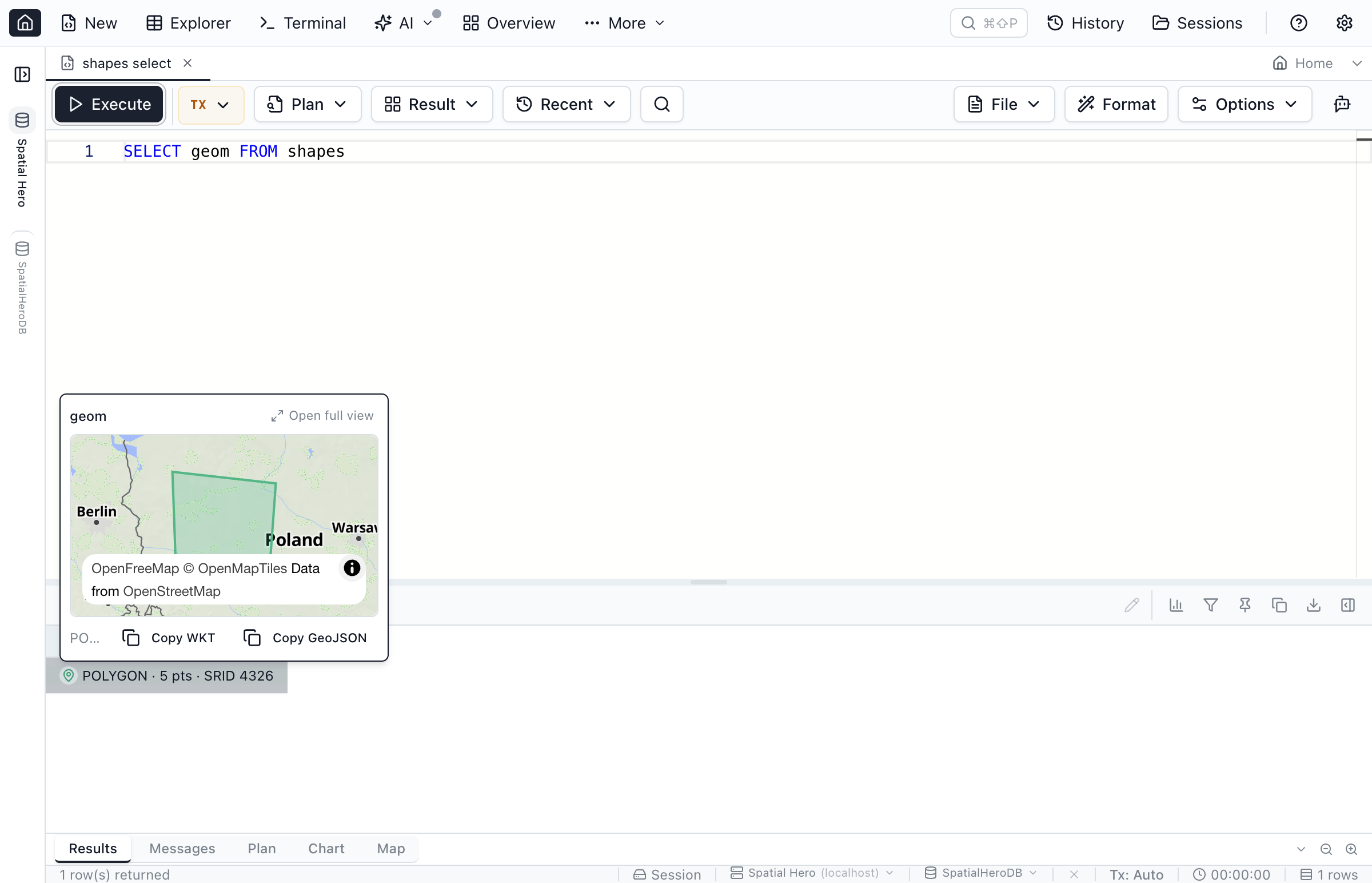 Spatial peek popover in Jam SQL Studio showing a fit-to-data mini map of a decoded geometry with Copy WKT and Copy GeoJSON actions