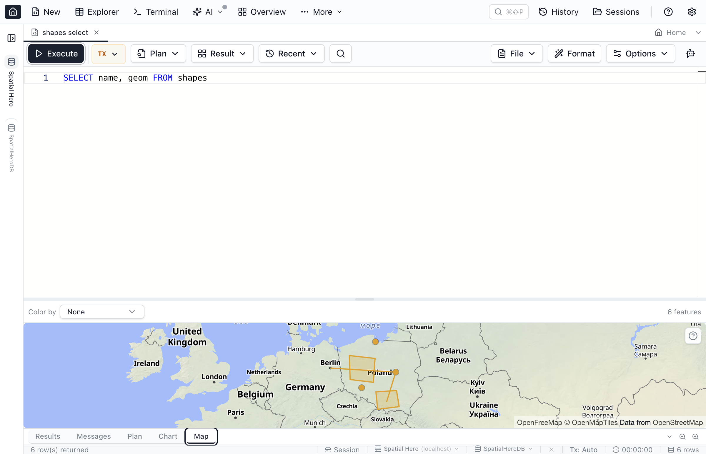 Query Editor Map results view in Jam SQL Studio rendering decoded geometry as features over an OpenFreeMap basemap, with a Color by control and feature count