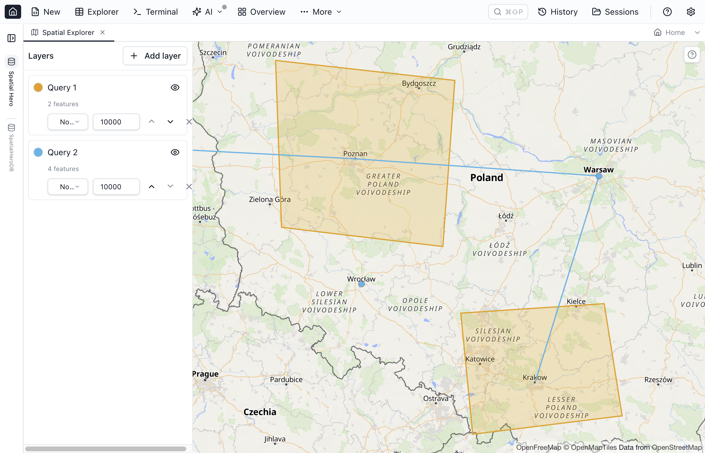 Spatial Explorer workspace in Jam SQL Studio stacking two map layers with per-layer color, label, and feature-cap controls in a side inspector