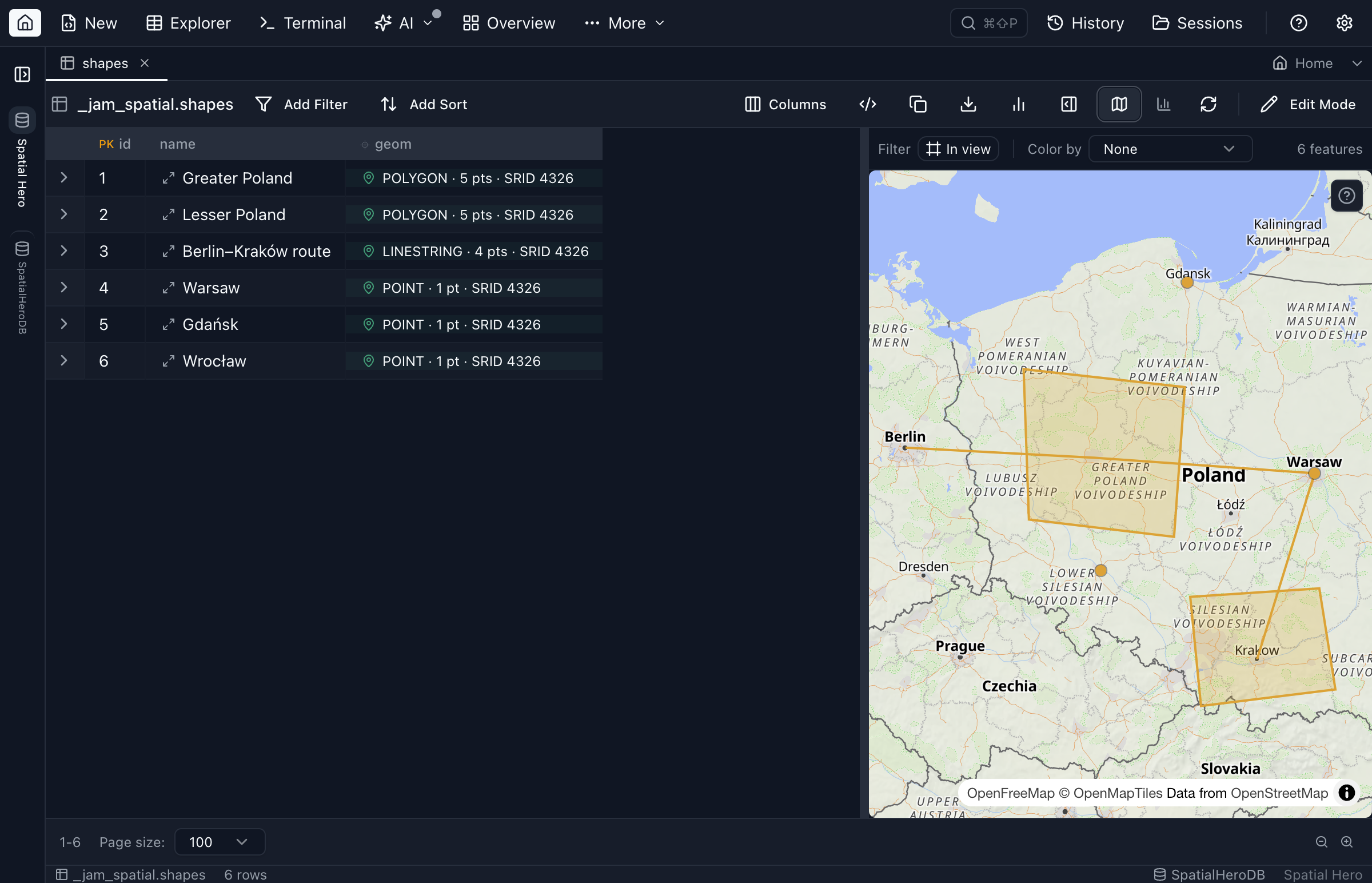 Jam SQL Studio's Table Explorer with the map pane open beside the grid, a selected row's polygon highlighted on a basemap