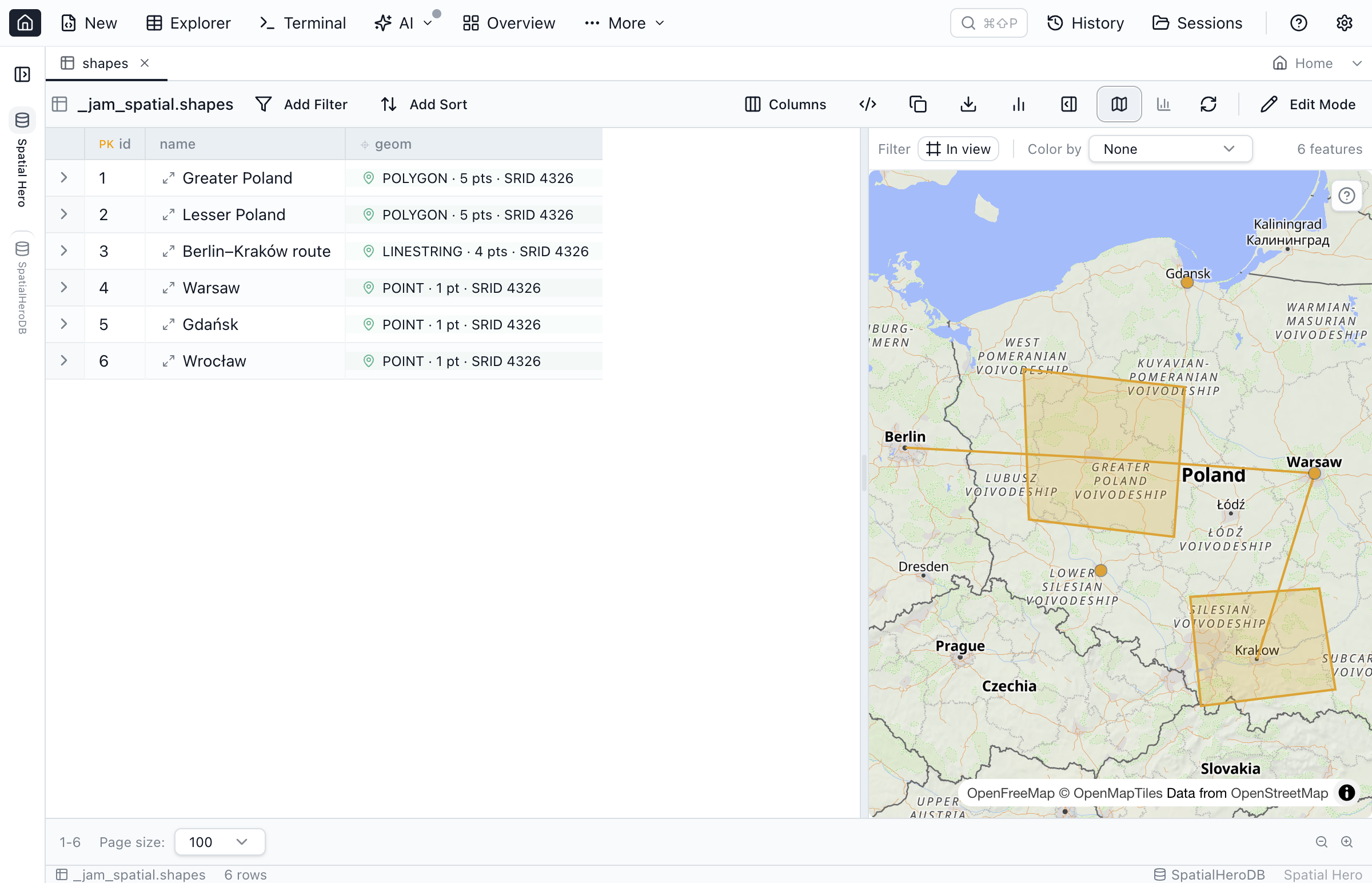 Table Explorer in Jam SQL Studio with a map pane beside the data grid, a selected row highlighted as a feature on the map, and a spatial filter chip applied