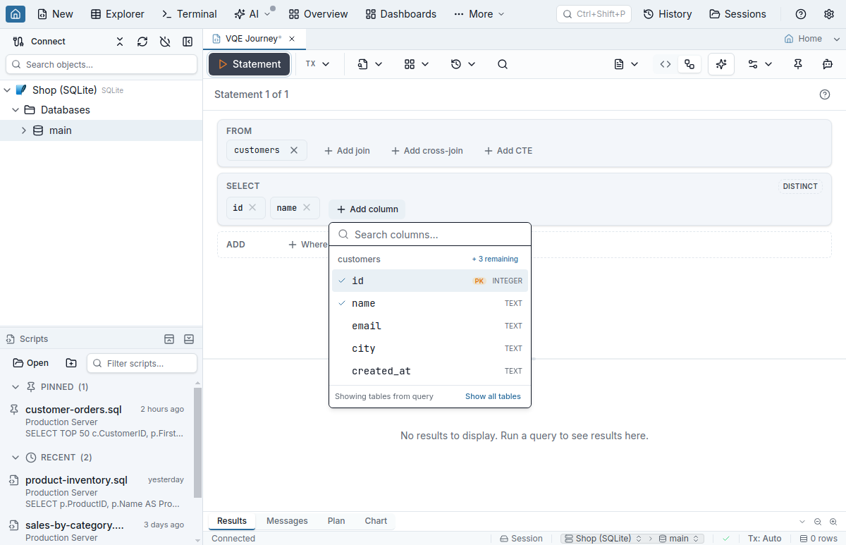 The Add column picker open under the SELECT card, listing the customers table's columns with types and a PK badge on id, id and name ticked, and a + 3 remaining action on the table heading