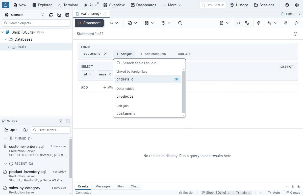 The Add join picker listing orders under Linked by foreign key, products under Other tables and customers under Self-join