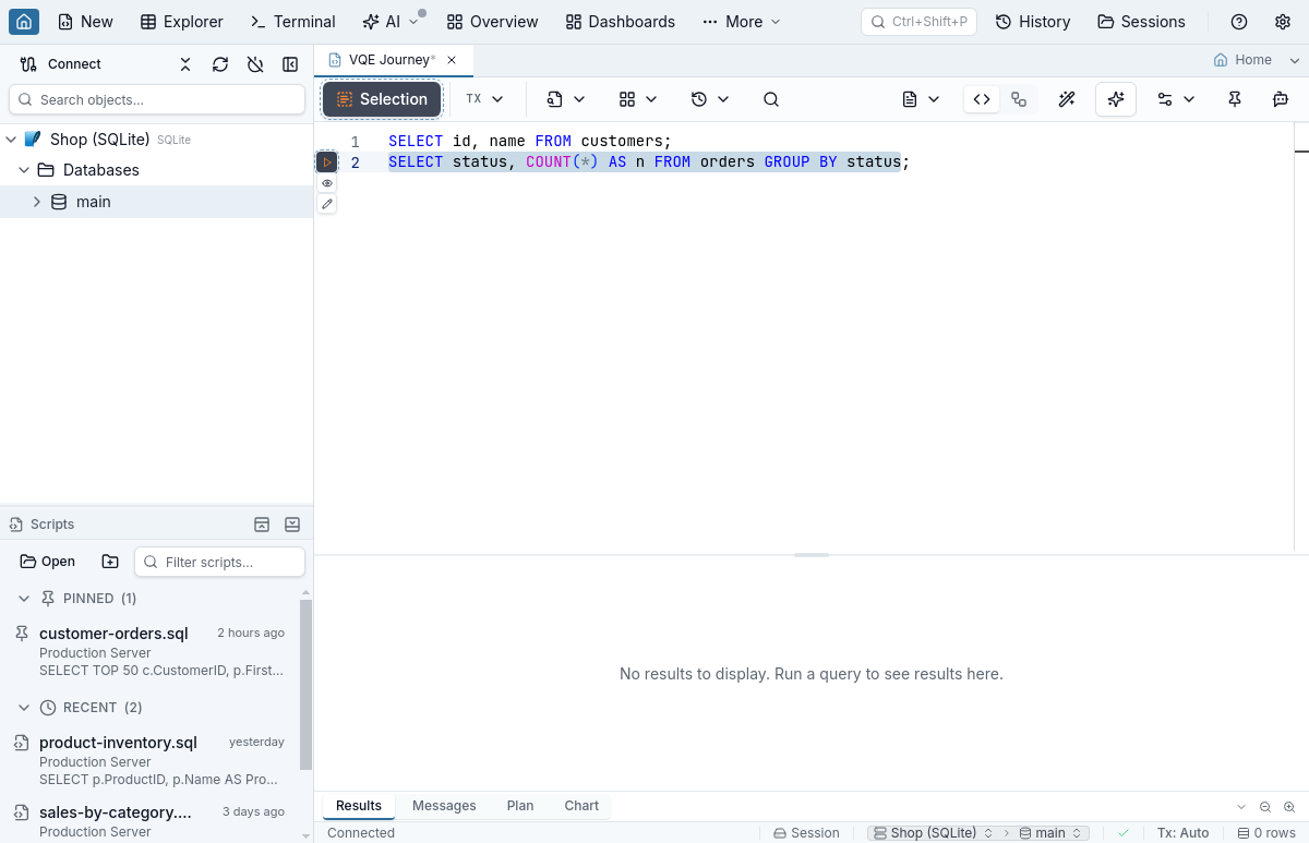 The same Query tab back in its SQL view with the second statement of the script selected, the one the Visual view was showing