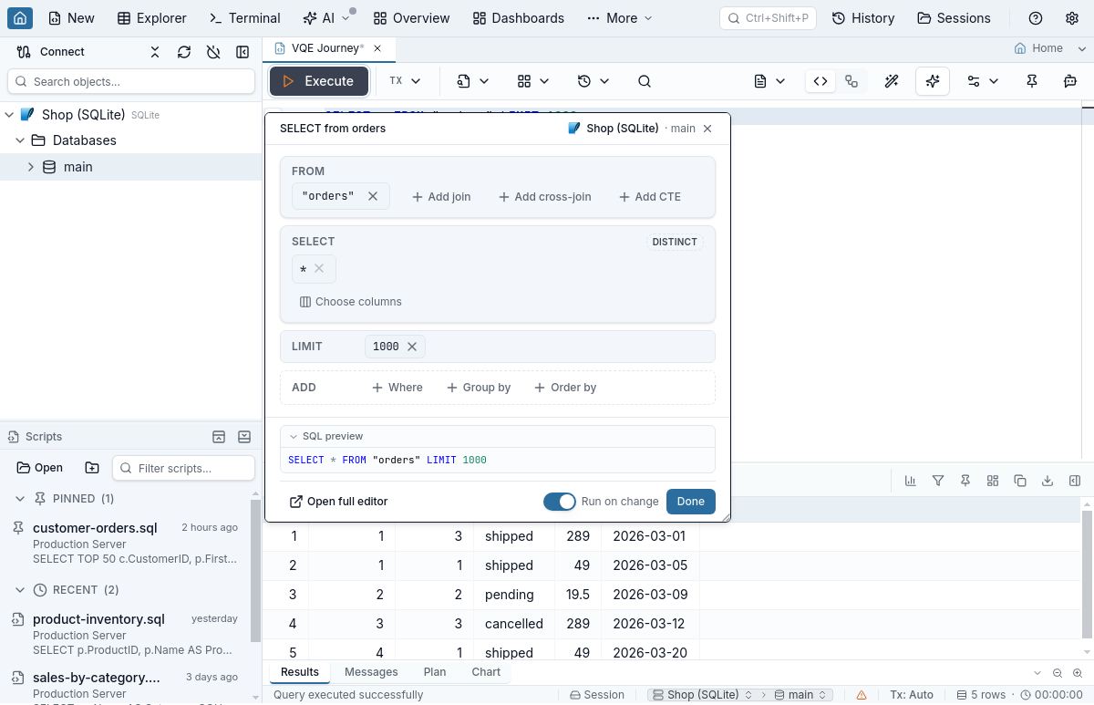 Right after Query a table: the compact editor on SELECT * FROM orders LIMIT 1000 with a Choose columns button, and the orders rows in the results grid below
